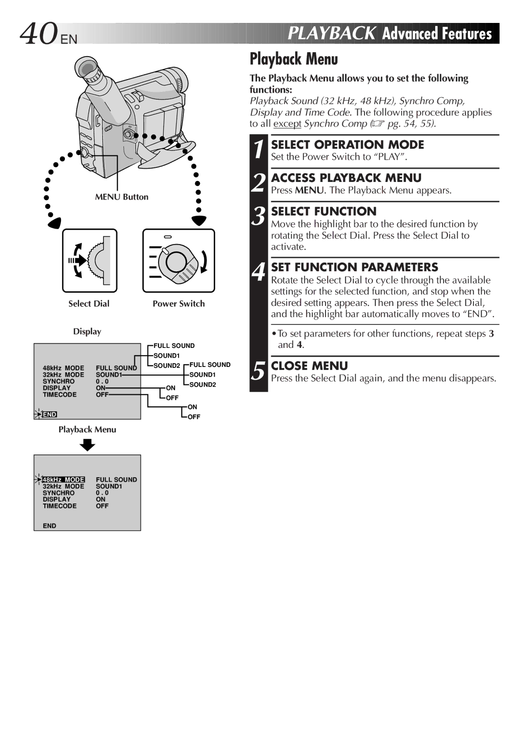 JVC GR-DVF25 manual EN Playback, Playback Menu 