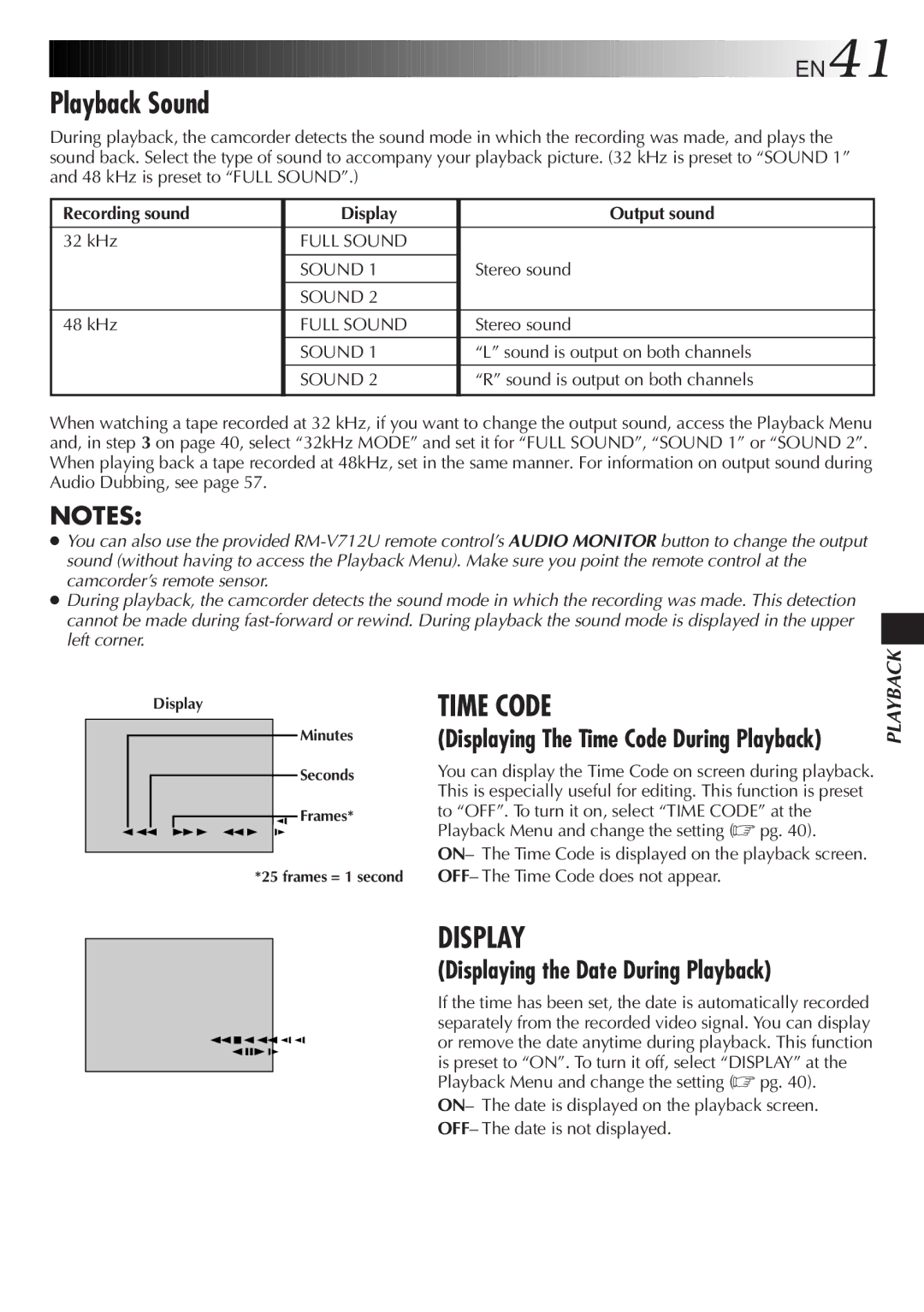 JVC GR-DVF25 manual Playback Sound, Displaying The Time Code During Playback, Recording sound Display Output sound 