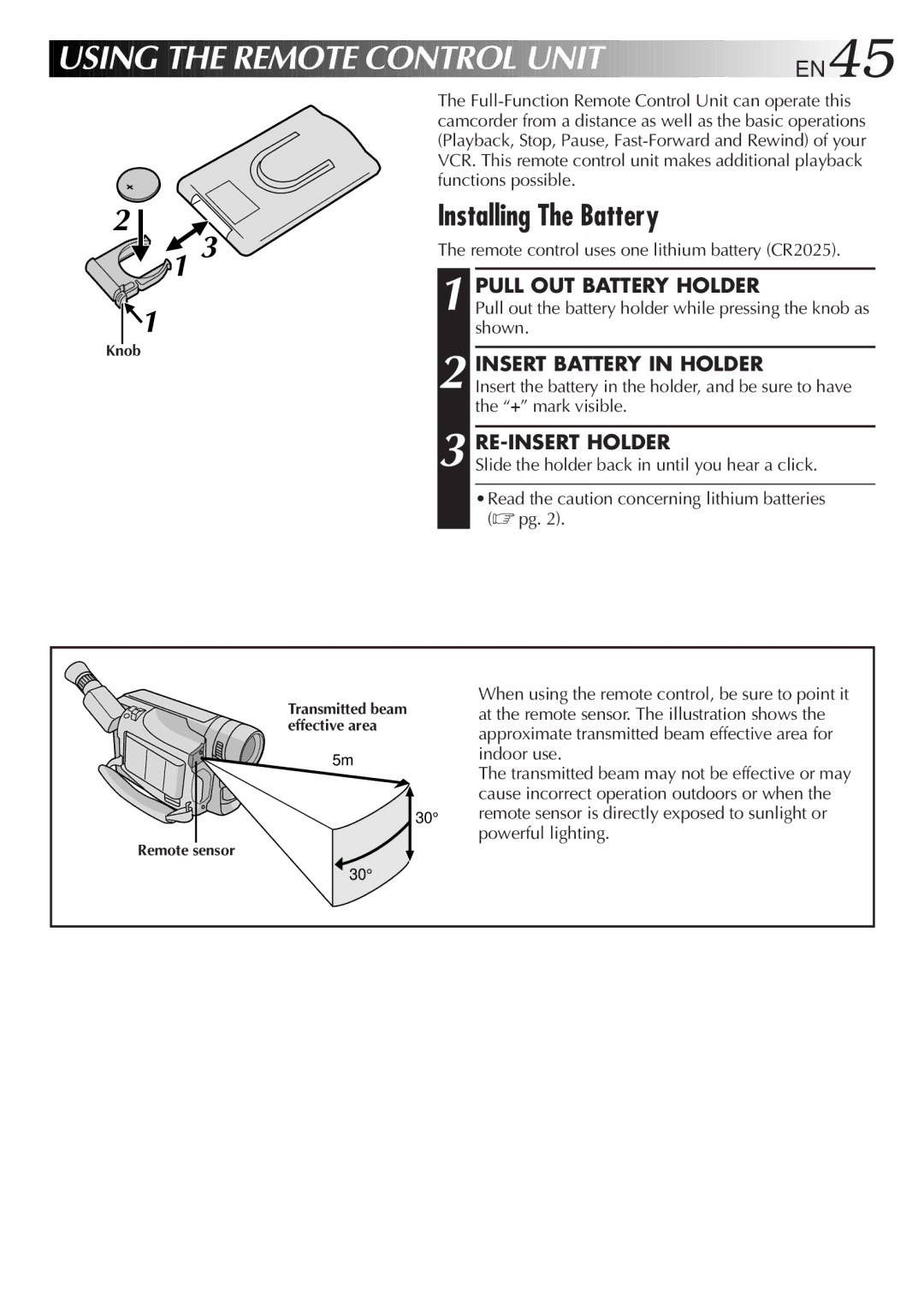 JVC GR-DVF25 manual Installing The Battery, Pull OUT Battery Holder, Remote control uses one lithium battery CR2025 