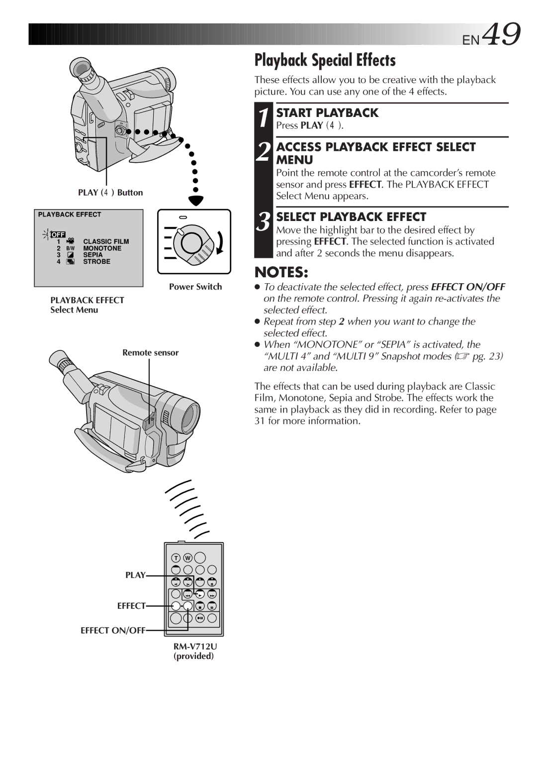 JVC GR-DVF25 manual Playback Special Effects, Start Playback, Accessmenu Playback Effect Select, Select Playback Effect 