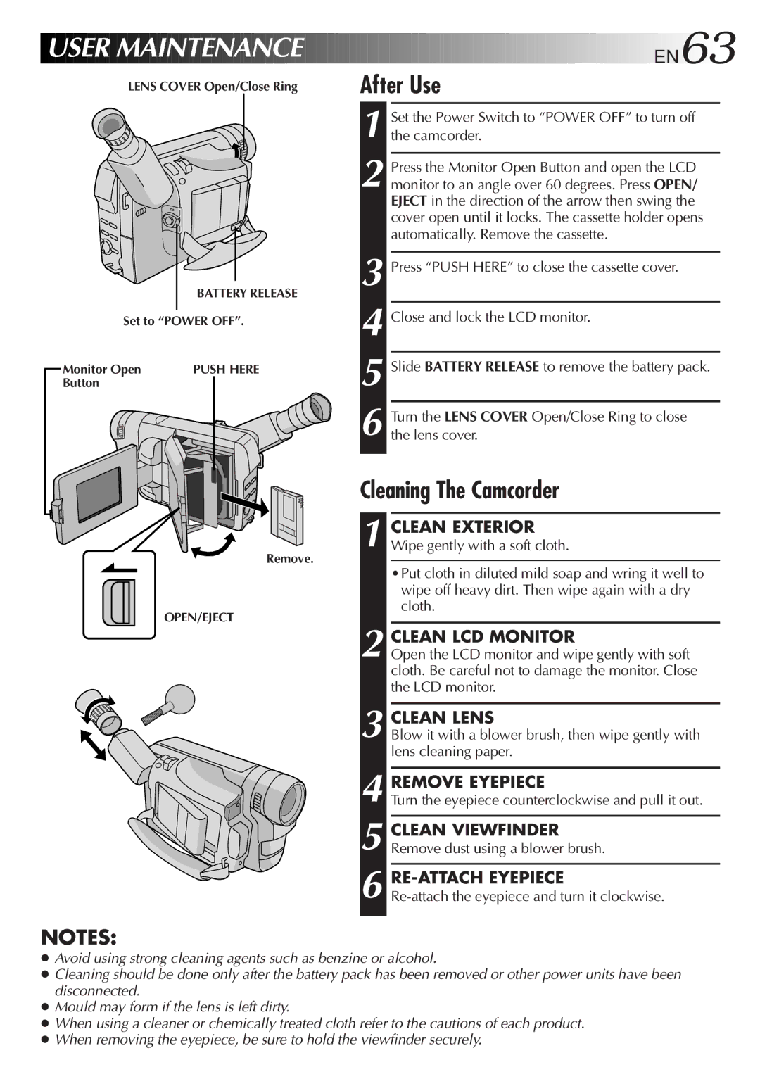 JVC GR-DVF25 manual After Use, Clean Exterior, Clean LCD Monitor, Clean Lens, Wipe gently with a soft cloth 