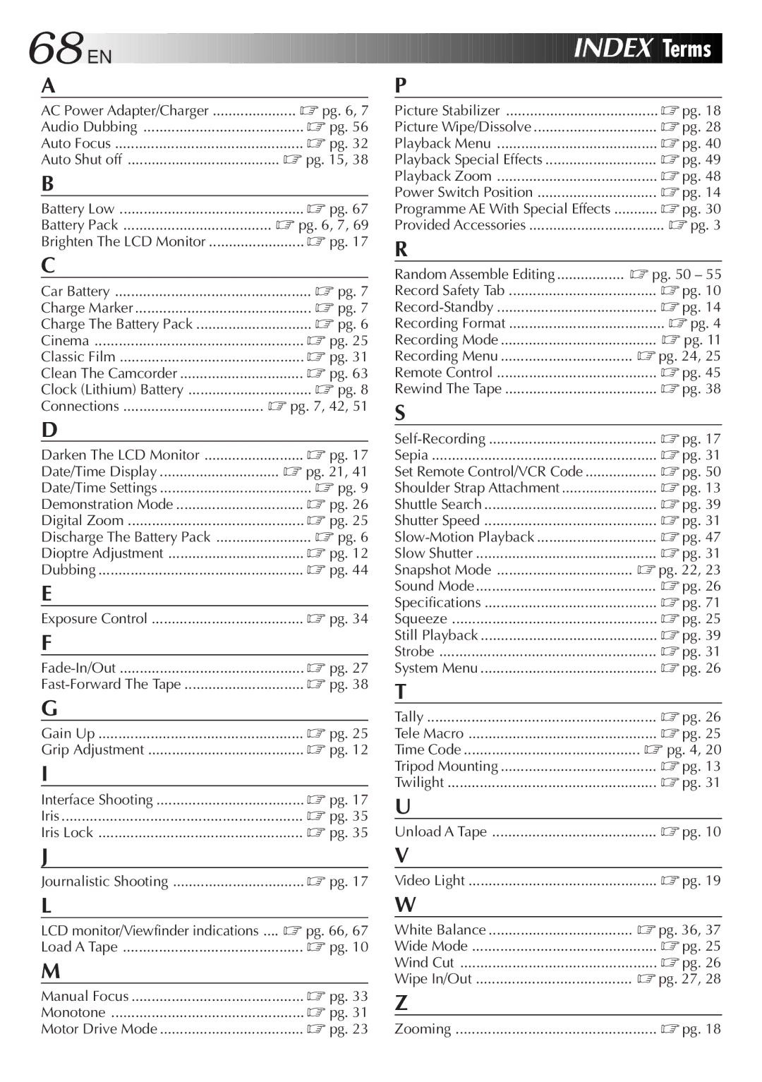 JVC GR-DVF25 manual Pg , 7, Pg , 42, Date/Time Display, Exposure Control ...................................... pg, Gain Up 