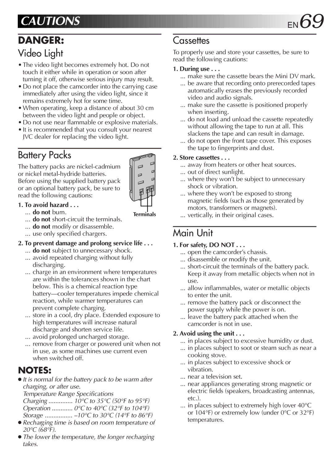 JVC GR-DVF25 manual To avoid hazard, During use, Store cassettes, For safety, do not, Avoid using the unit 