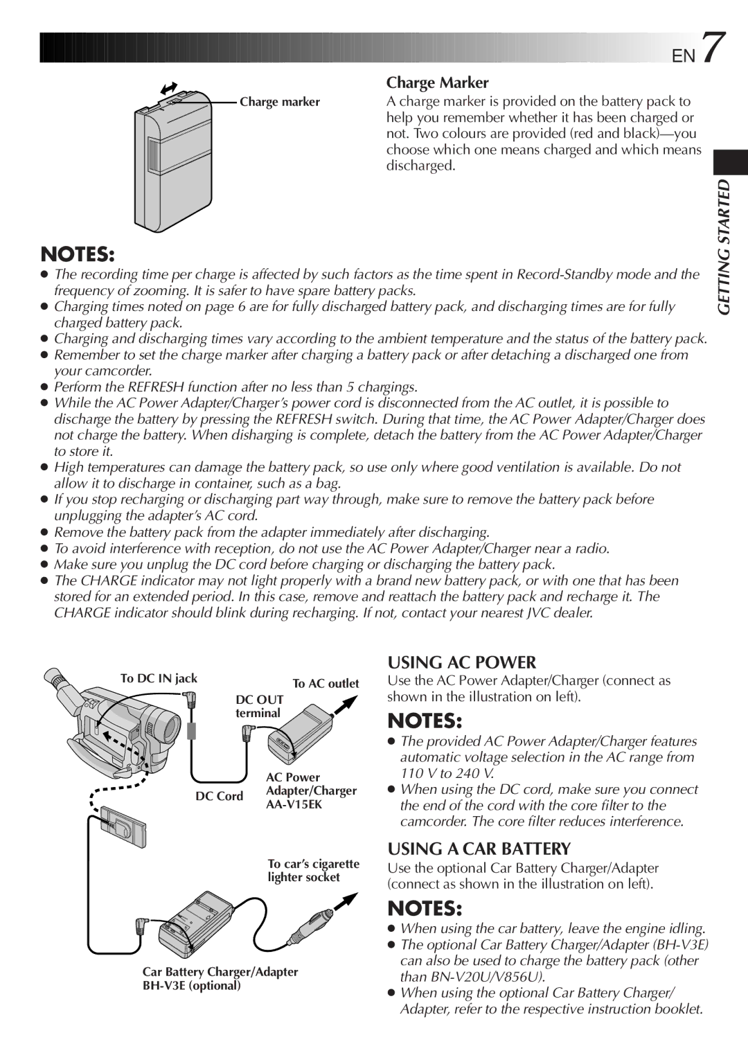 JVC GR-DVF25 Using AC Power, Using a CAR Battery, Charge Marker, Choose which one means charged and which means discharged 