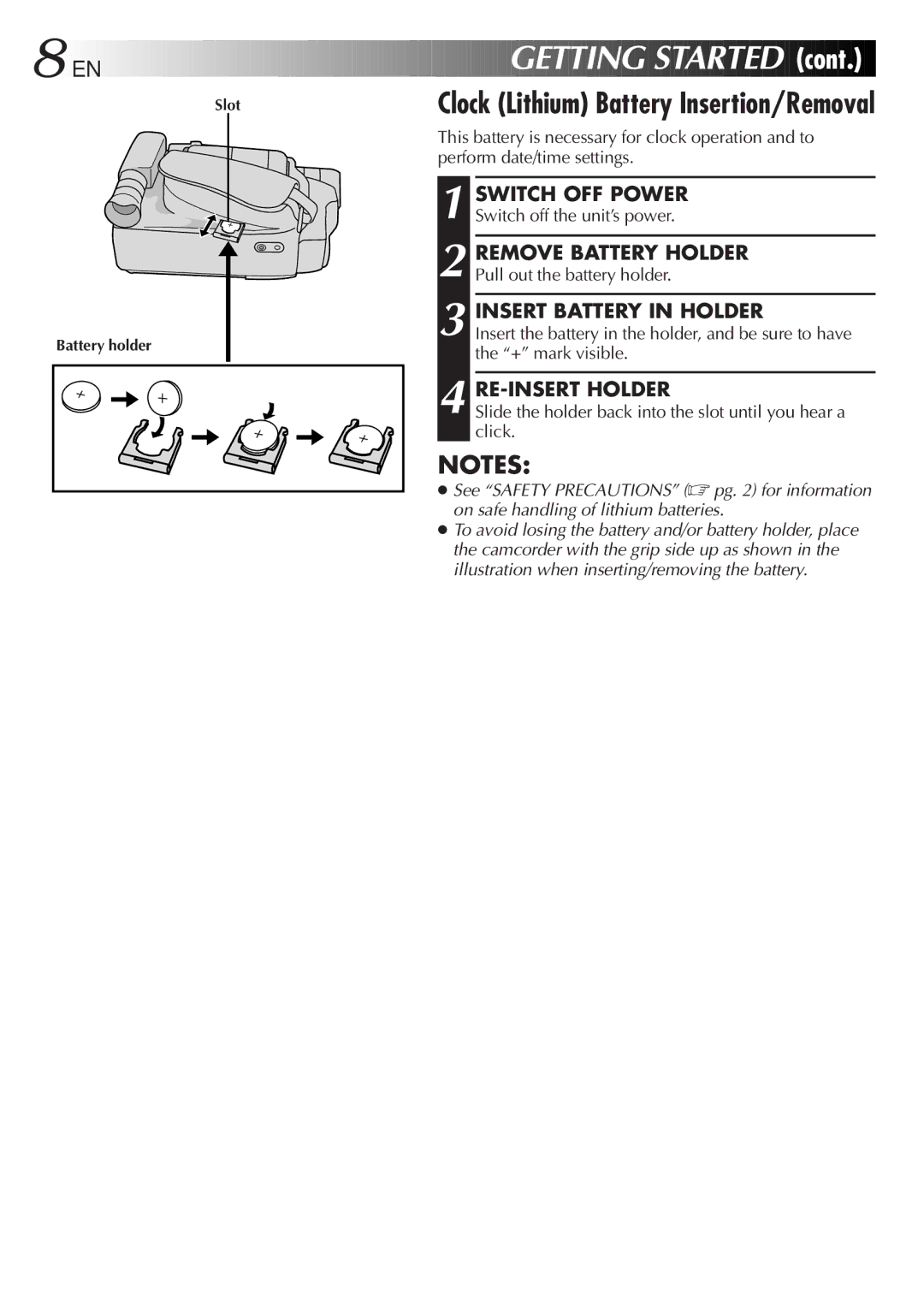 JVC GR-DVF25 manual Clock Lithium Battery Insertion/Removal, Insert Battery in Holder, RE-INSERT Holder 