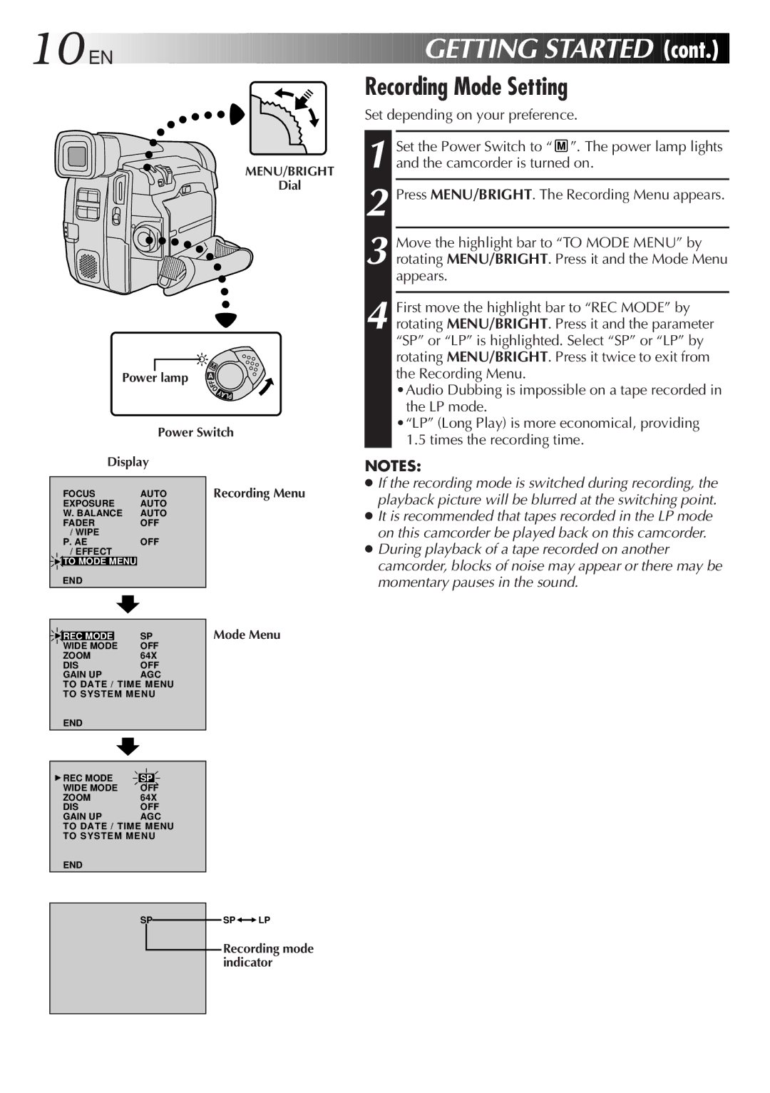 JVC GR-DVF31 specifications EN Getting Started, Recording Mode Setting 