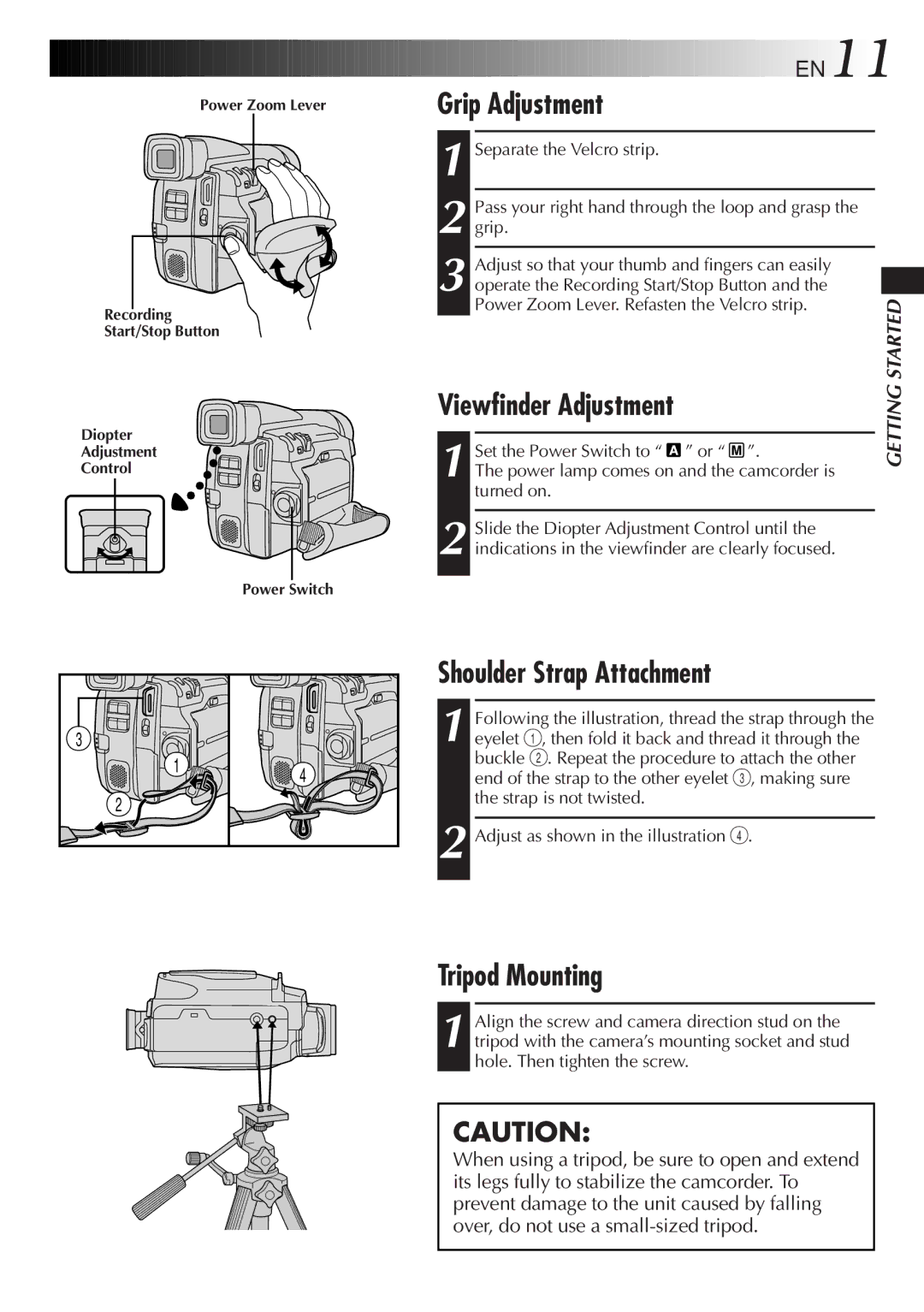 JVC GR-DVF31 specifications Grip Adjustment, Viewfinder Adjustment, Shoulder Strap Attachment, Tripod Mounting, EN11 