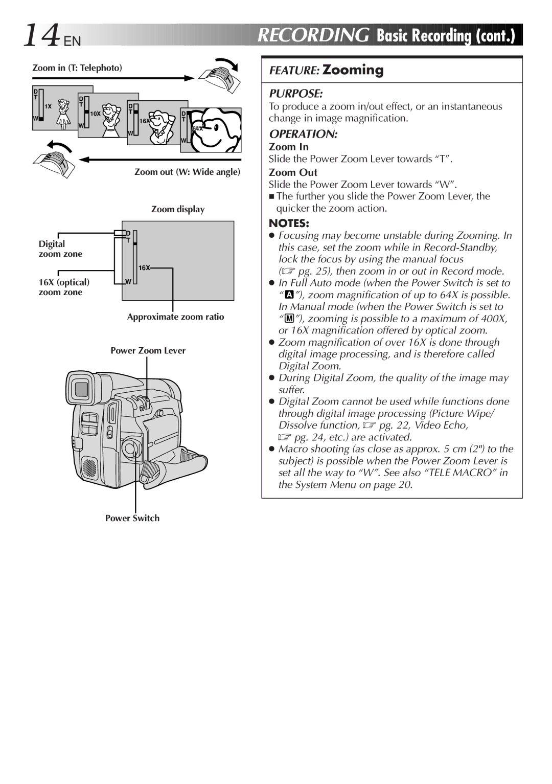 JVC GR-DVF31 specifications 14 EN, Slide the Power Zoom Lever towards T, Zoom Out, Slide the Power Zoom Lever towards W 