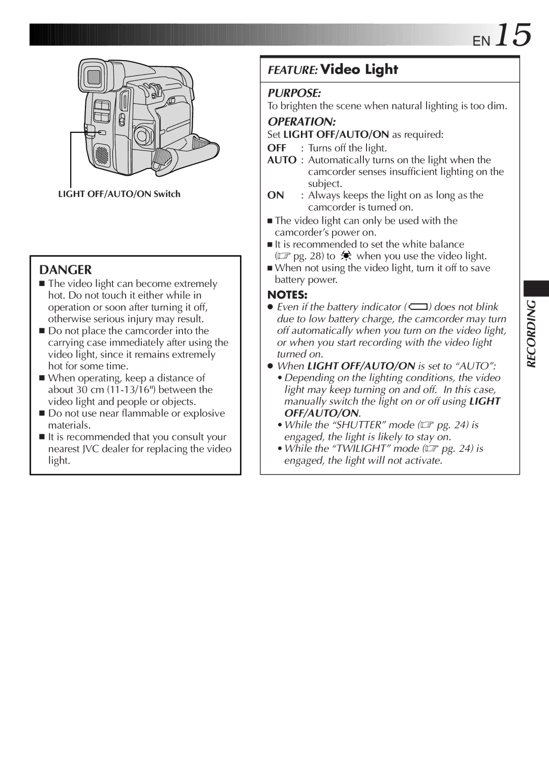 JVC GR-DVF31 specifications EN15, Feature Video Light, To brighten the scene when natural lighting is too dim 