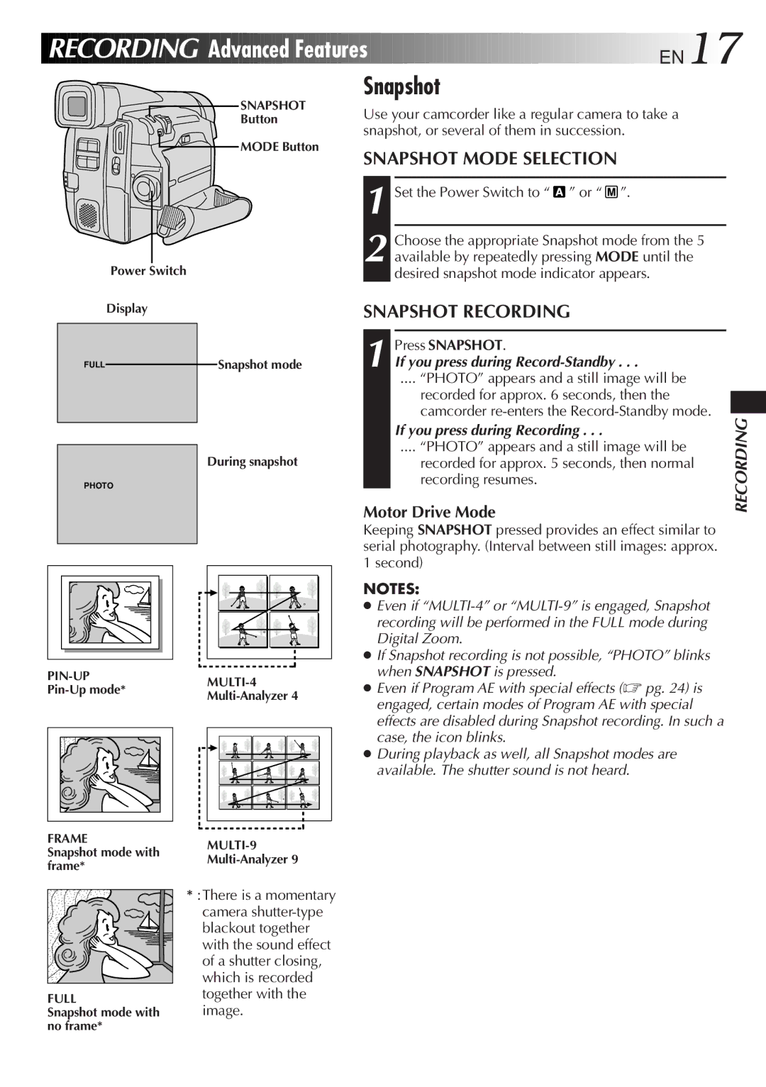 JVC GR-DVF31 specifications Recording Advanced Features, Snapshot Recording, Motor Drive Mode 