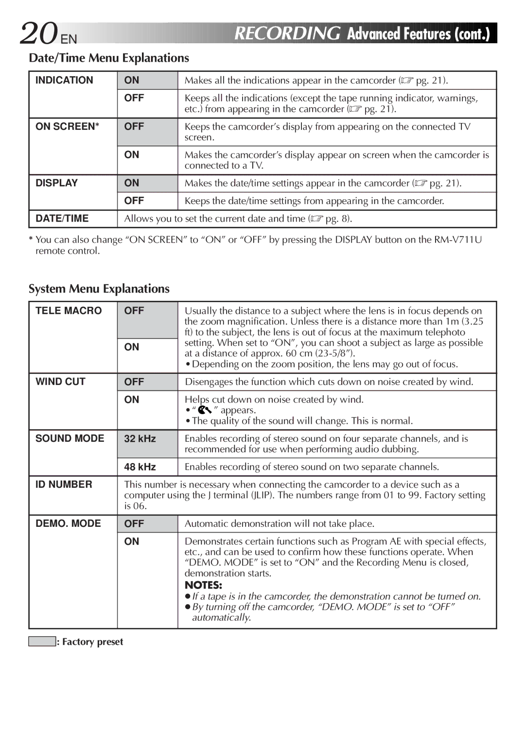 JVC GR-DVF31 specifications Date/Time Menu Explanations, System Menu Explanations, Factory preset 