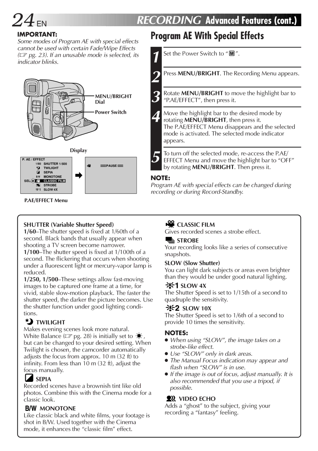 JVC GR-DVF31 specifications 24 EN, Program AE With Special Effects 