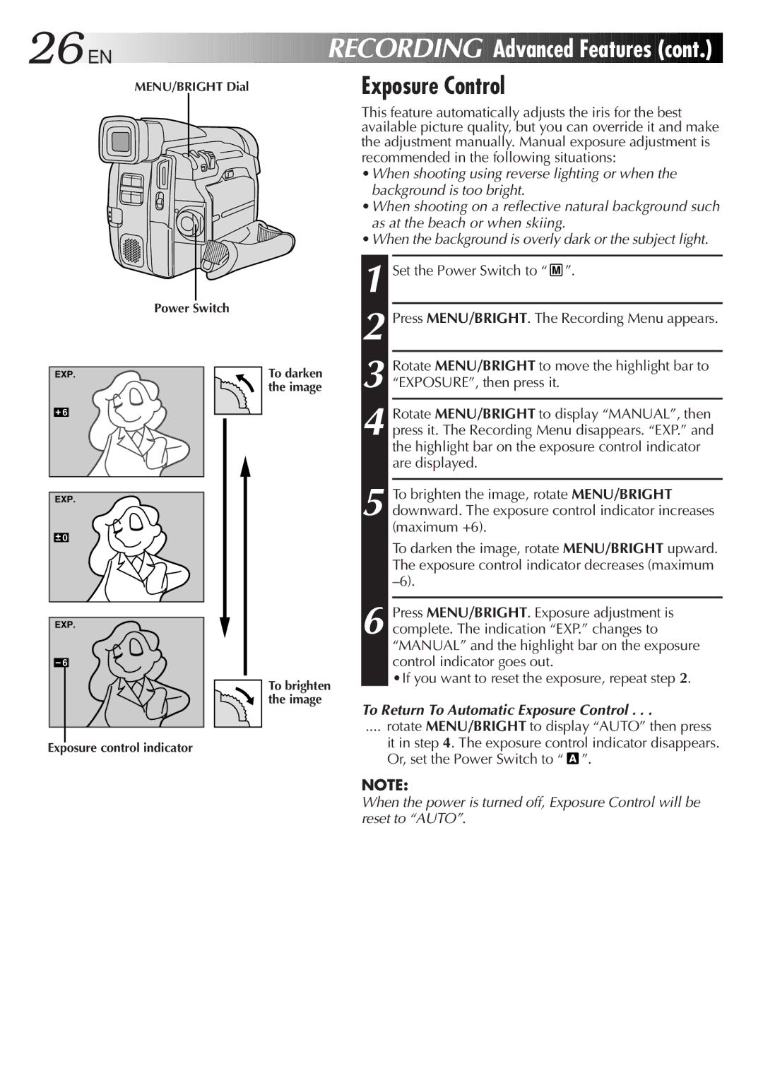 JVC GR-DVF31 specifications 26 EN, To Return To Automatic Exposure Control 