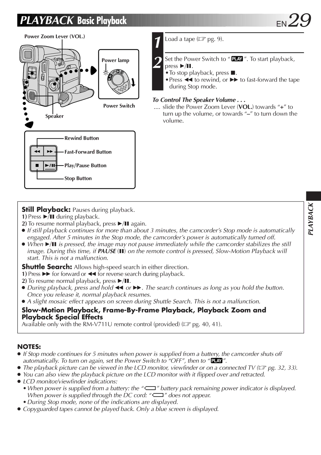 JVC GR-DVF31 specifications Basic Playback, EN29, Load a tape pg Set the Power Switch to, To Control The Speaker Volume 