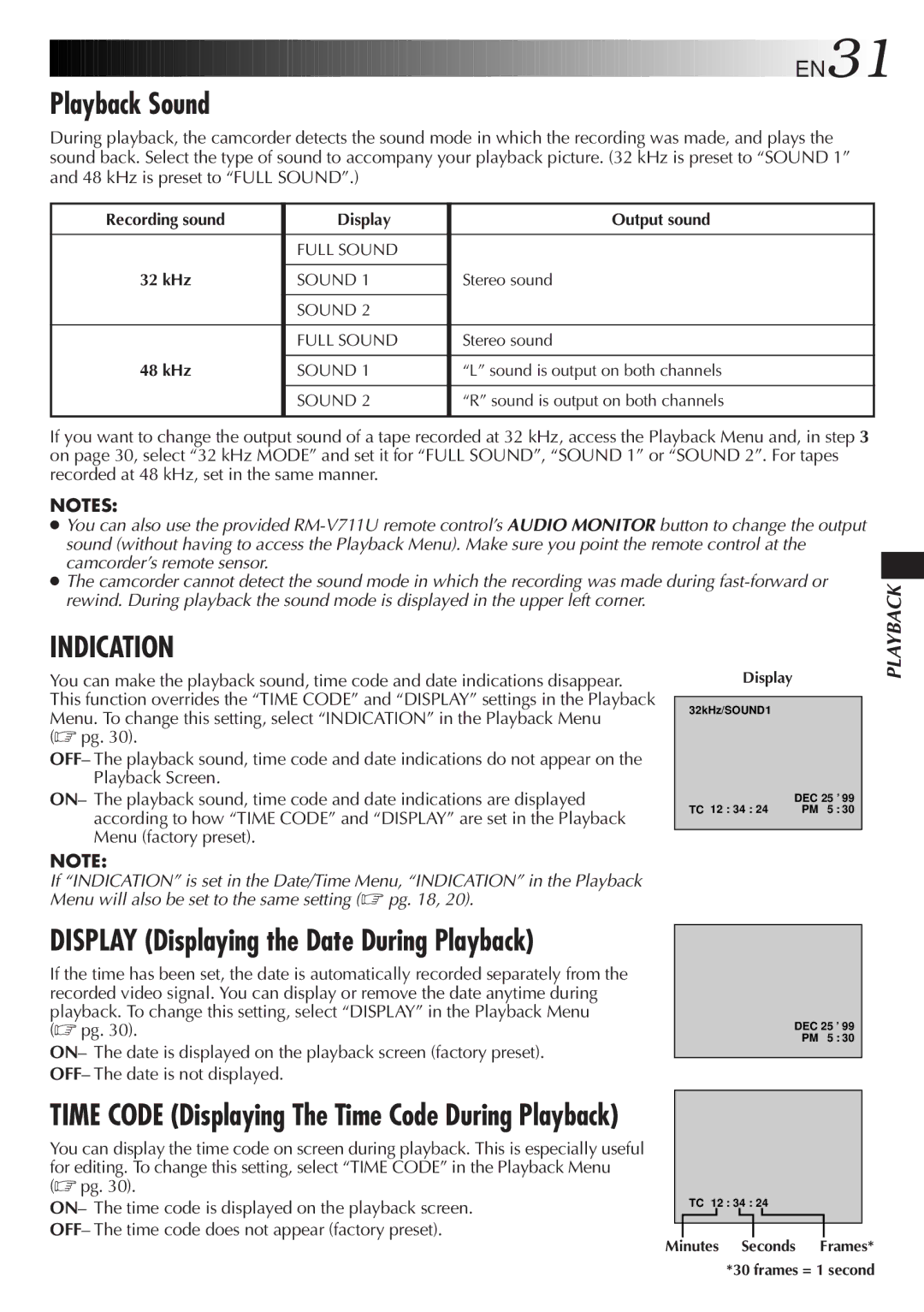 JVC GR-DVF31 specifications Playback Sound, Display Displaying the Date During Playback, EN31 