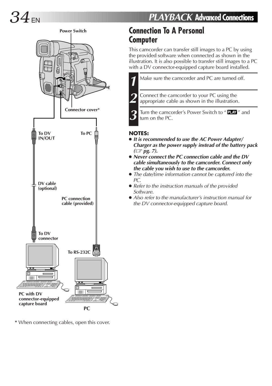 JVC GR-DVF31 specifications 34 EN, Playback Advanced Connections, Connection To a Personal Computer 