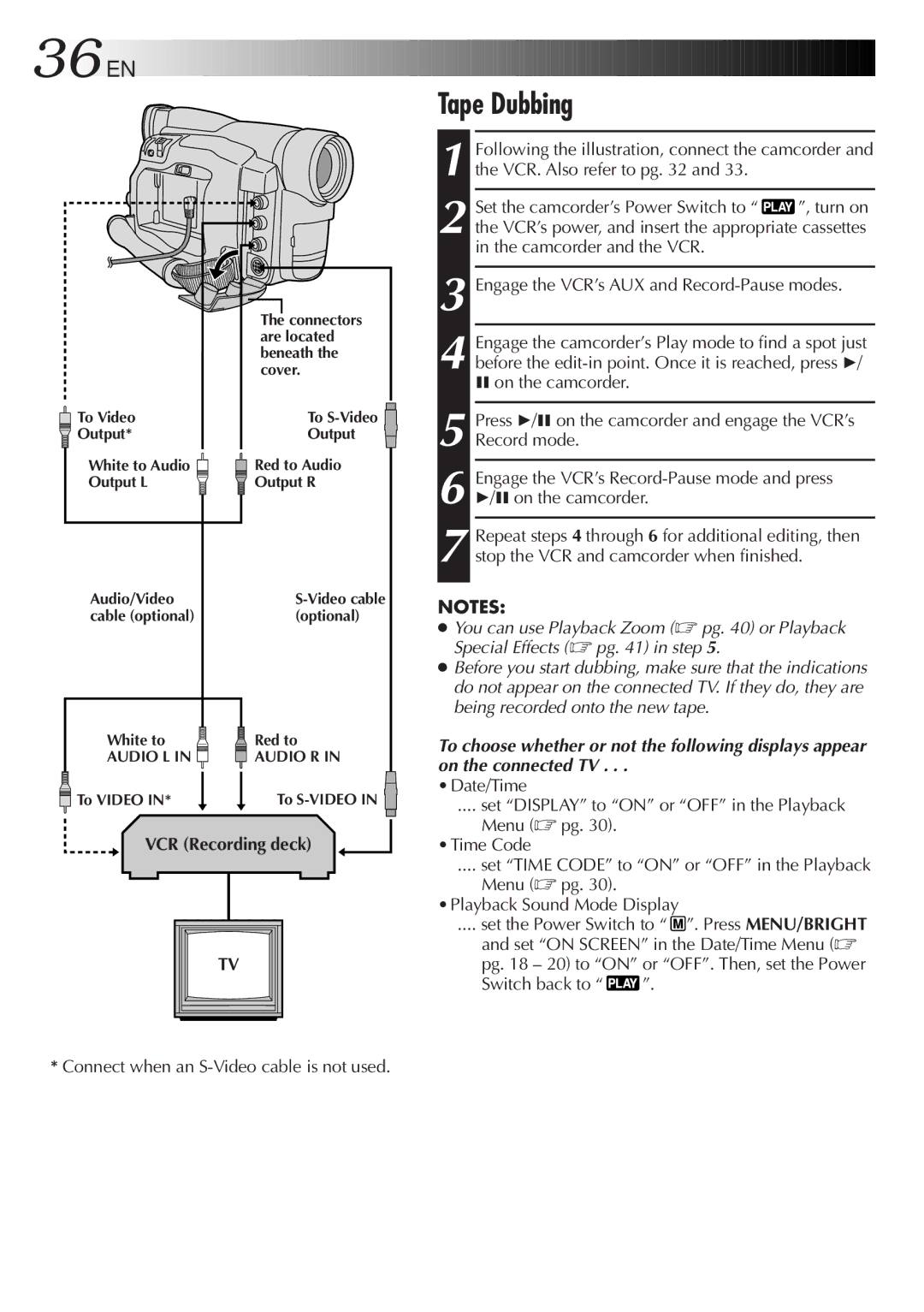 JVC GR-DVF31 specifications 36 EN, Tape Dubbing, VCR Recording deck, Engage the VCR’s AUX and Record-Pause modes 