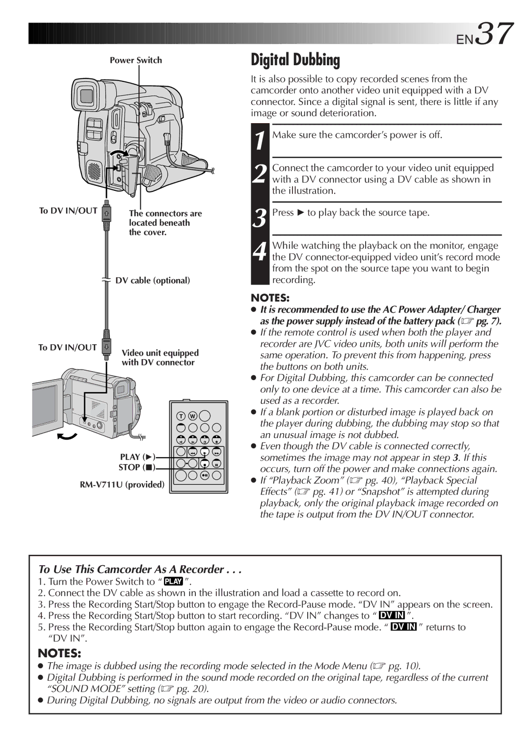 JVC GR-DVF31 specifications Digital Dubbing, EN37 