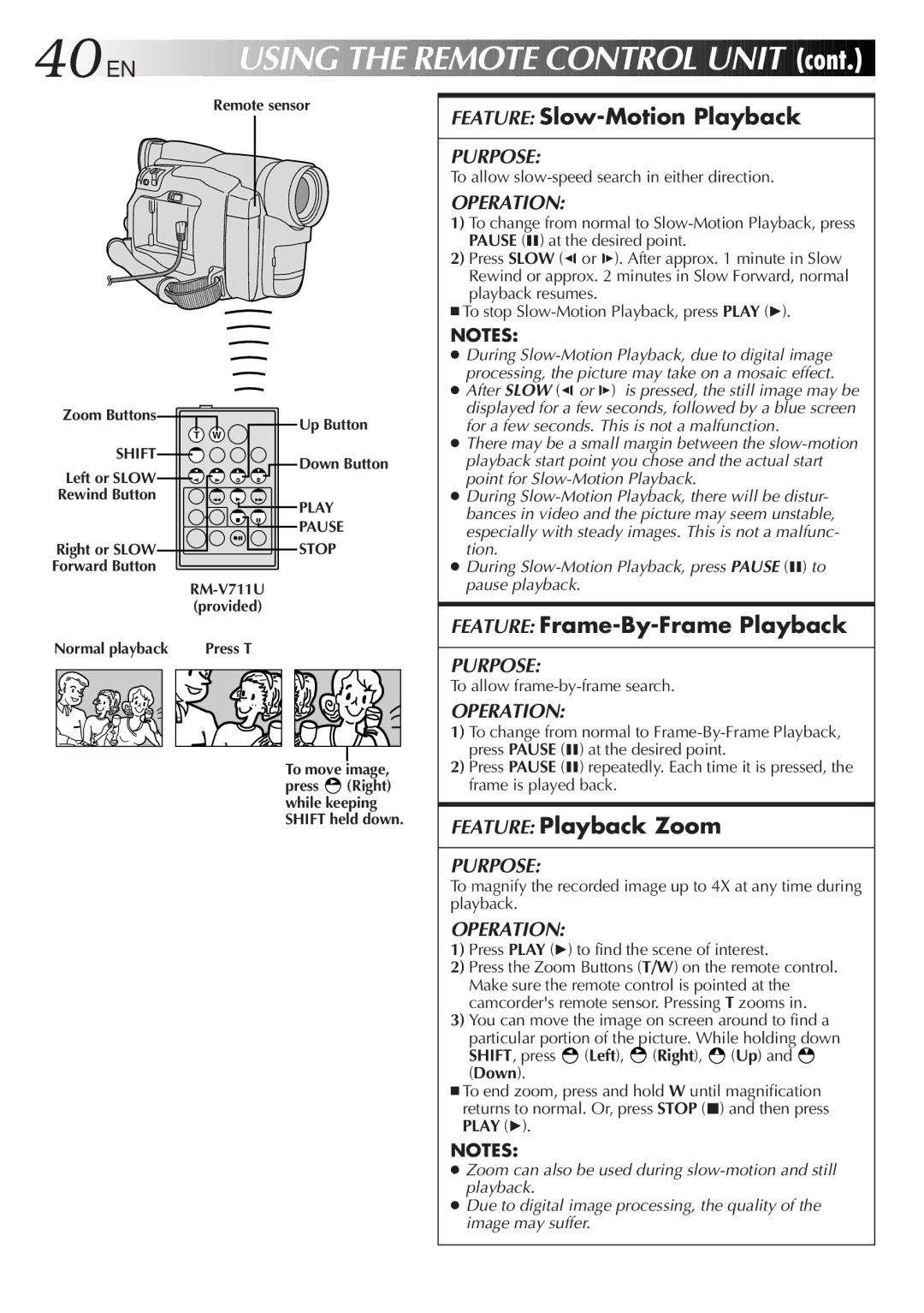 JVC GR-DVF31 specifications 40 EN, Feature Slow-Motion Playback, Feature Frame-By-Frame Playback, Feature Playback Zoom 