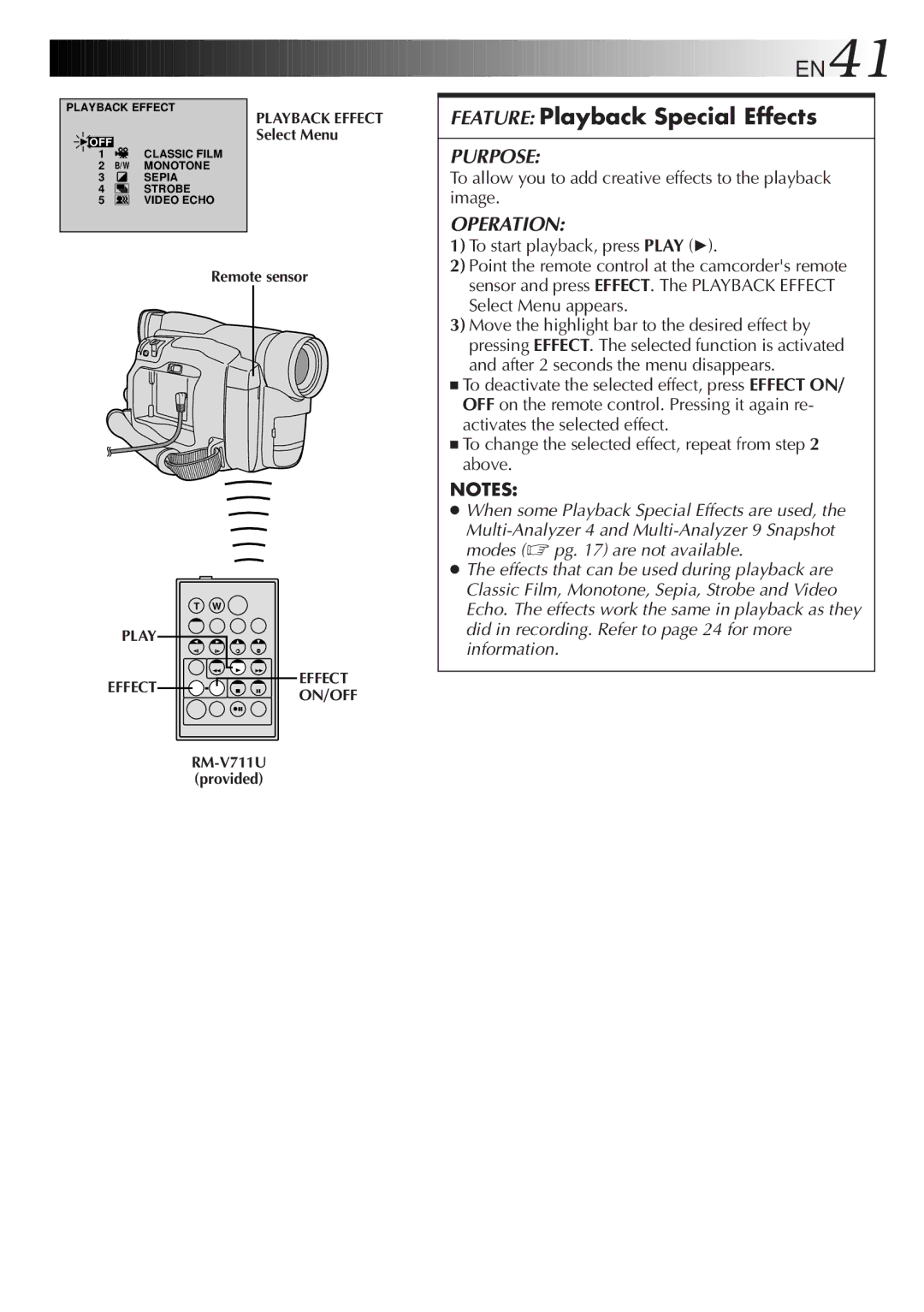 JVC GR-DVF31 EN41, Feature Playback Special Effects, To allow you to add creative effects to the playback image 