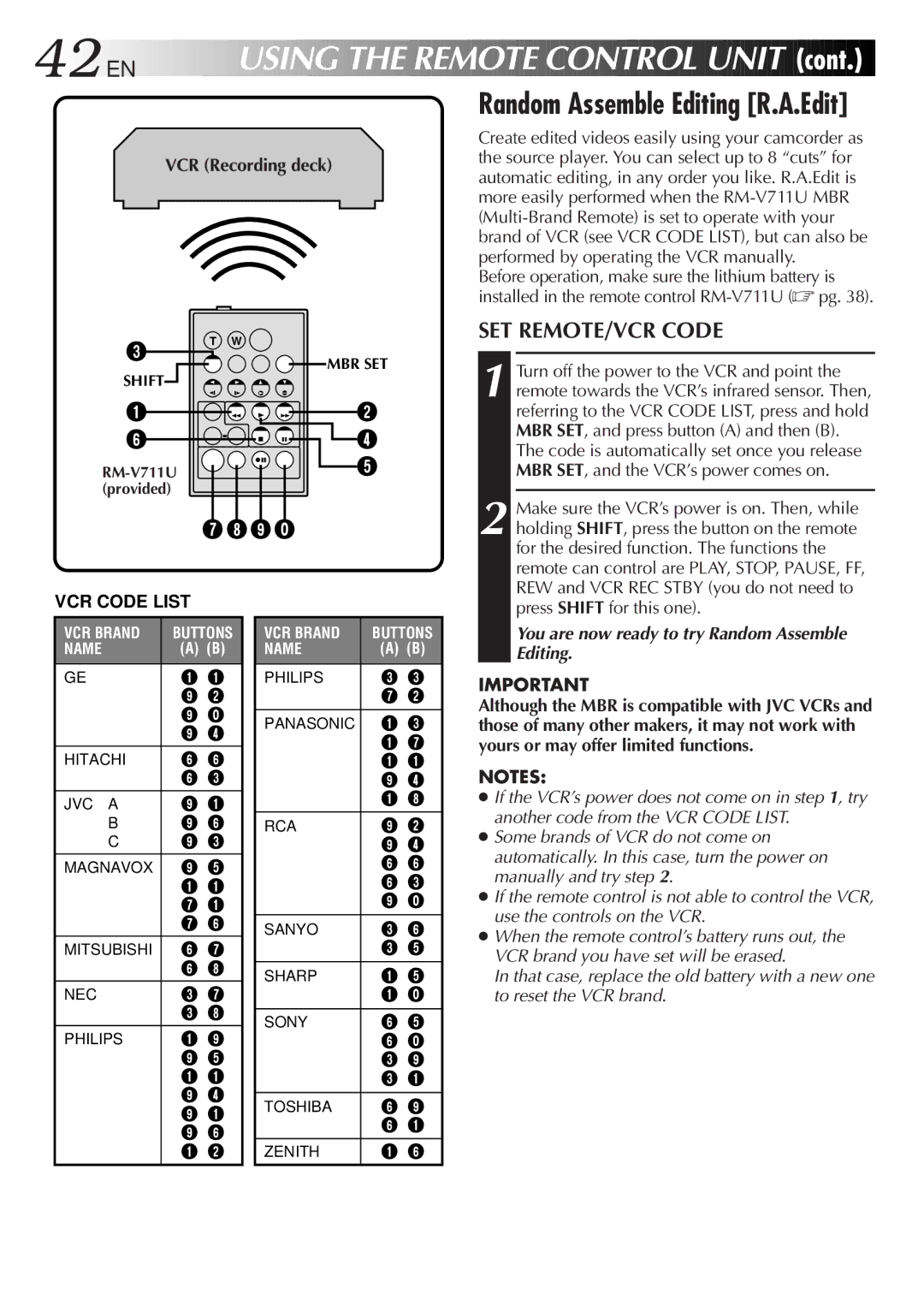 JVC GR-DVF31 42 EN, SET REMOTE/VCR Code, Create edited videos easily using your camcorder as, Press Shift for this one 