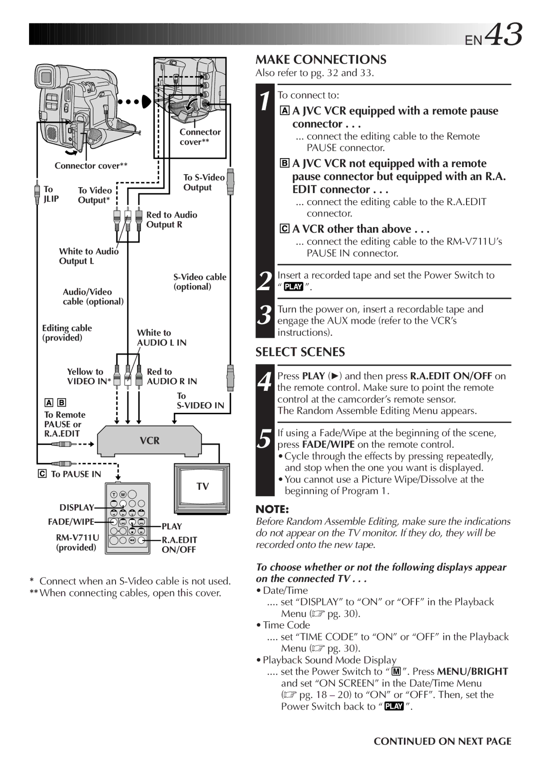 JVC GR-DVF31 EN43, Make Connections, Select Scenes, JVC VCR equipped with a remote pause connector, VCR other than above 