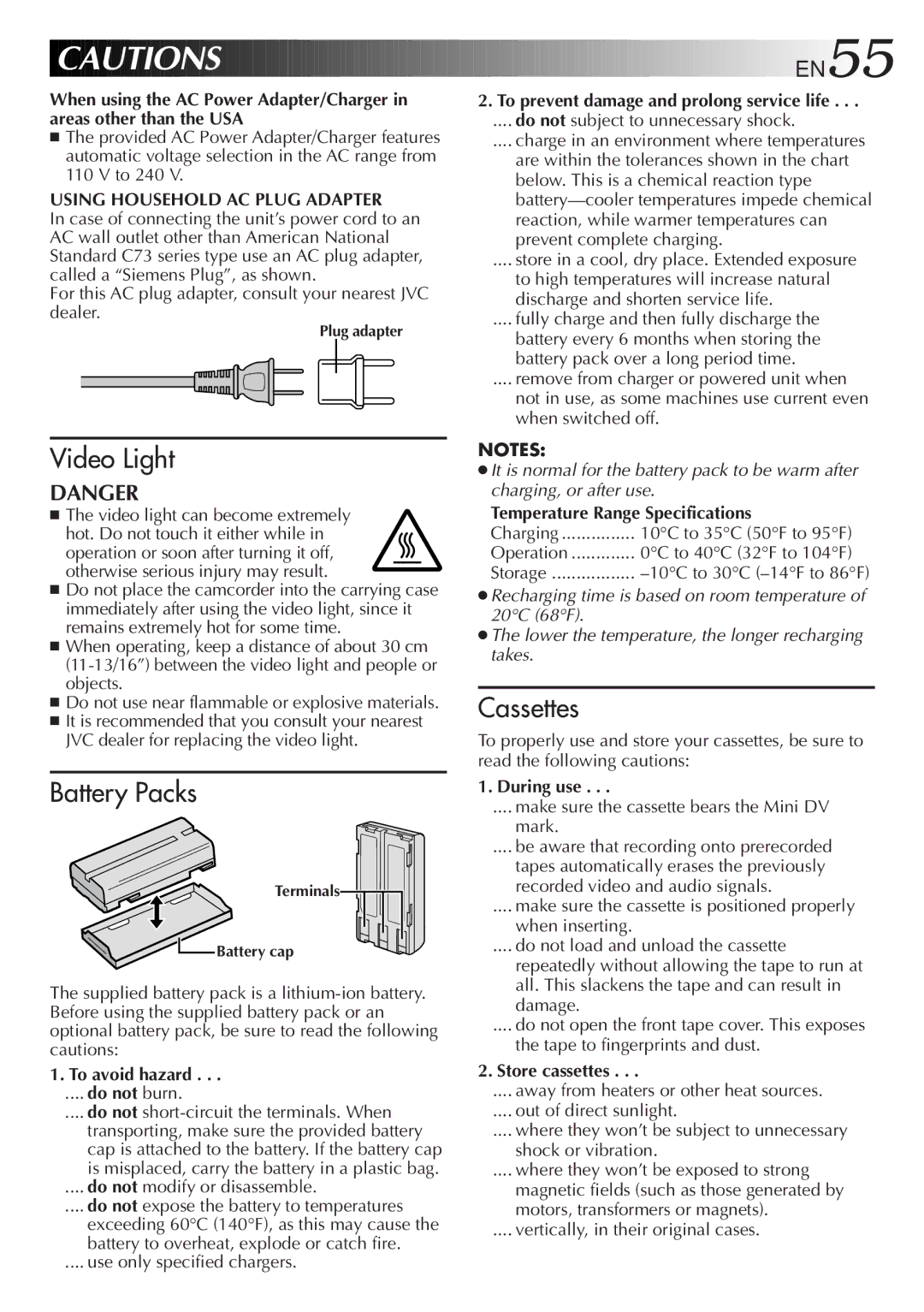 JVC GR-DVF31 specifications EN55, Using Household AC Plug Adapter 