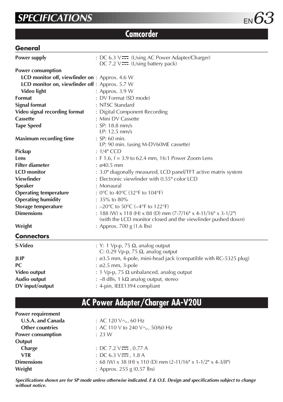 JVC GR-DVF31 specifications Camcorder, AC Power Adapter/Charger AA-V20U, EN63, General, Connectors 