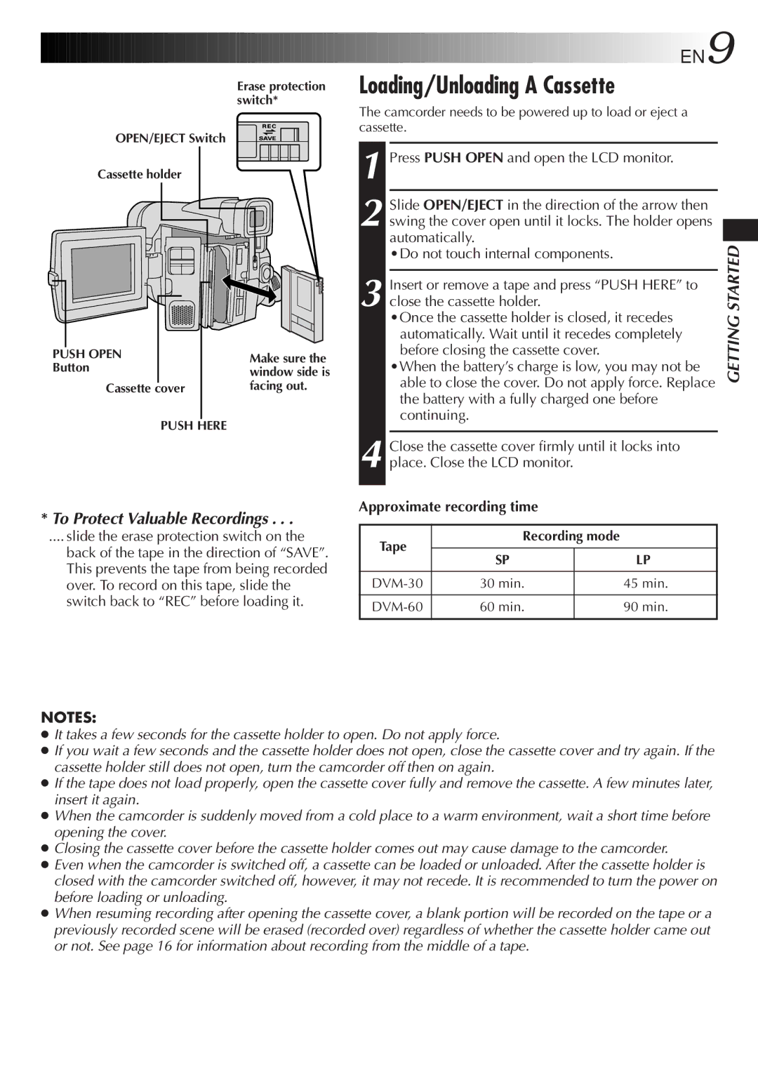 JVC GR-DVF31 specifications Loading/Unloading a Cassette, EN9, Press Push Open and open the LCD monitor, Automatically 