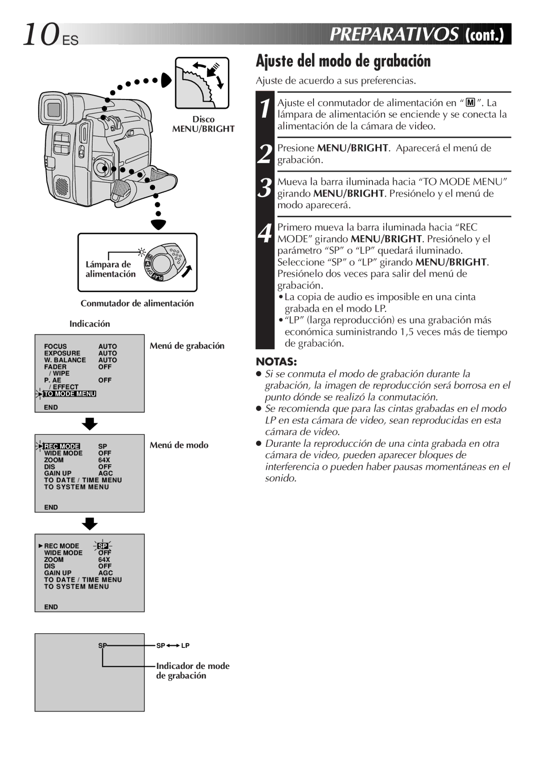 JVC GR-DVF31 manual 10 ES, Ajuste del modo de grabación, Ajuste de acuerdo a sus preferencias 