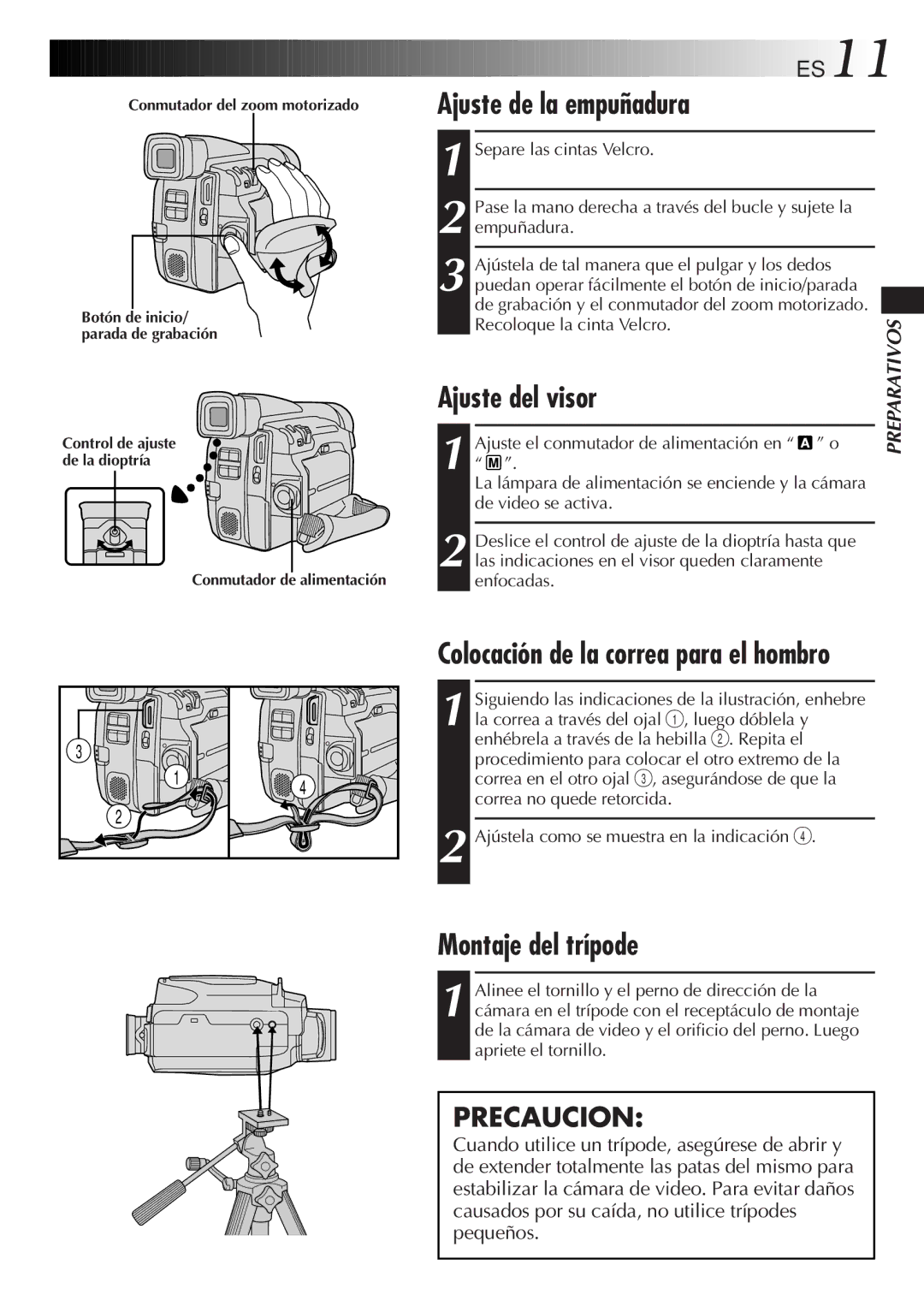 JVC GR-DVF31 manual Ajuste de la empuñadura, Ajuste del visor, Montaje del trípode, ES11 