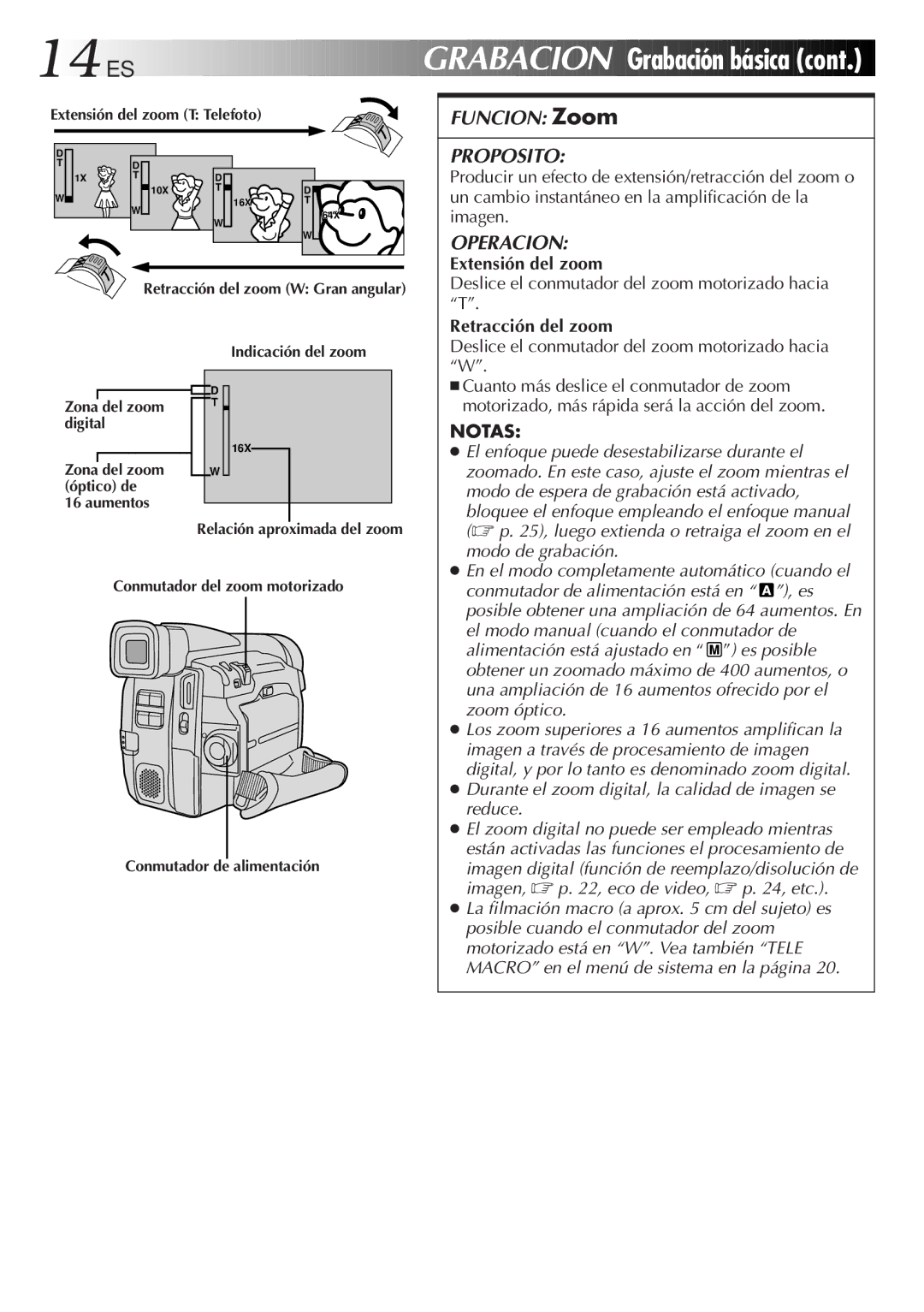 JVC GR-DVF31 manual 14 ES, Grabación básica, Extensión del zoom, Retracción del zoom 