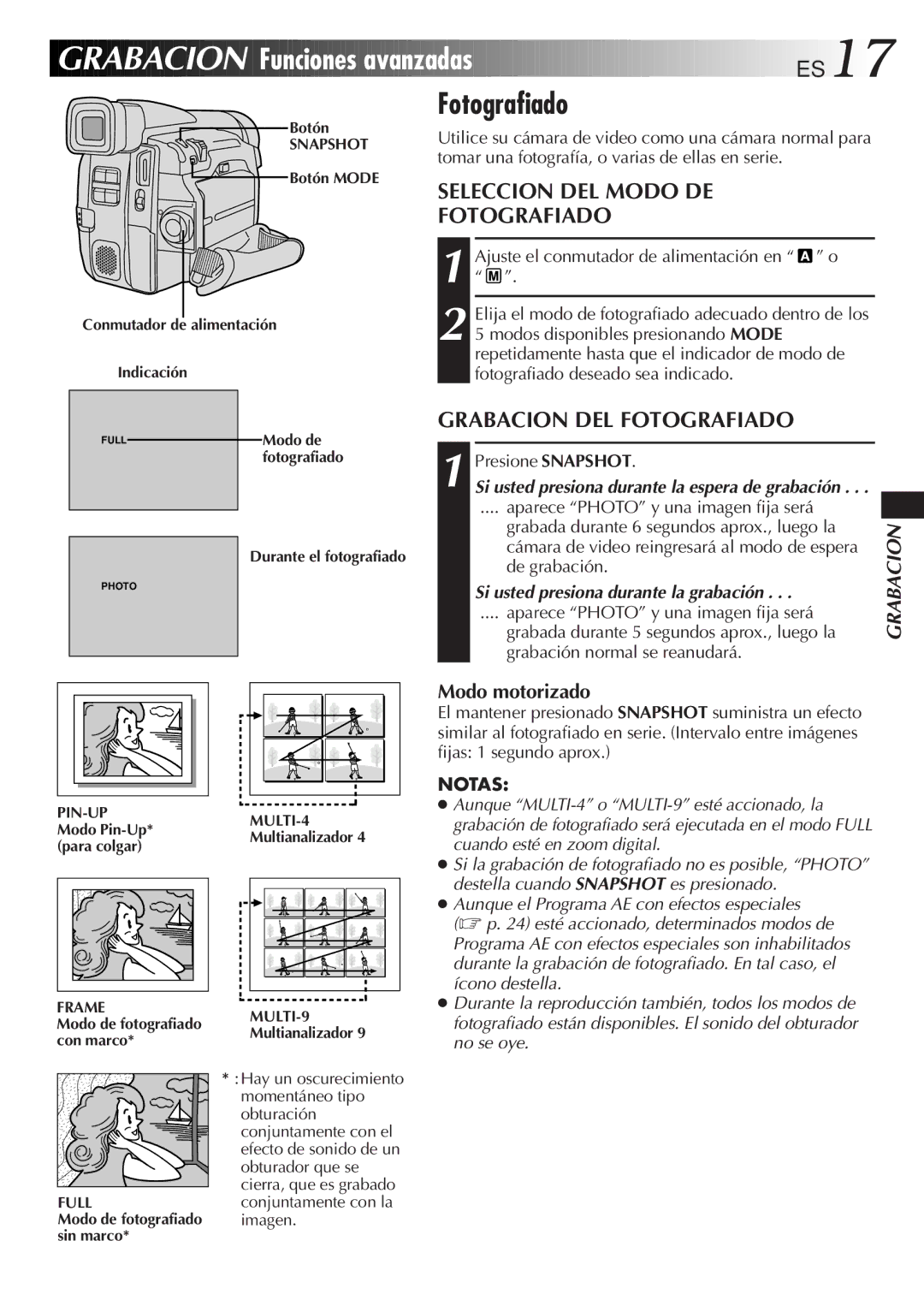 JVC GR-DVF31 Funciones avanzadas ES17, Seleccion DEL Modo DE Fotografiado, Grabacion DEL Fotografiado, Modo motorizado 