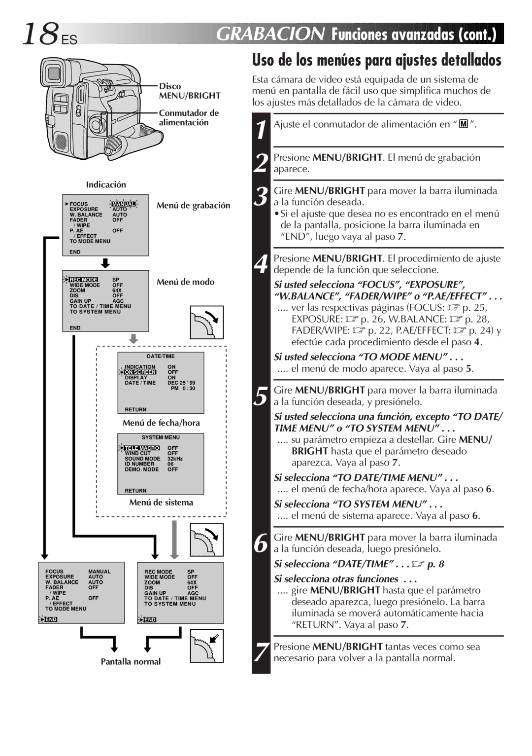 JVC GR-DVF31 manual Funciones avanzadas, Uso de los menúes para ajustes detallados, Si usted selecciona to Mode Menu 