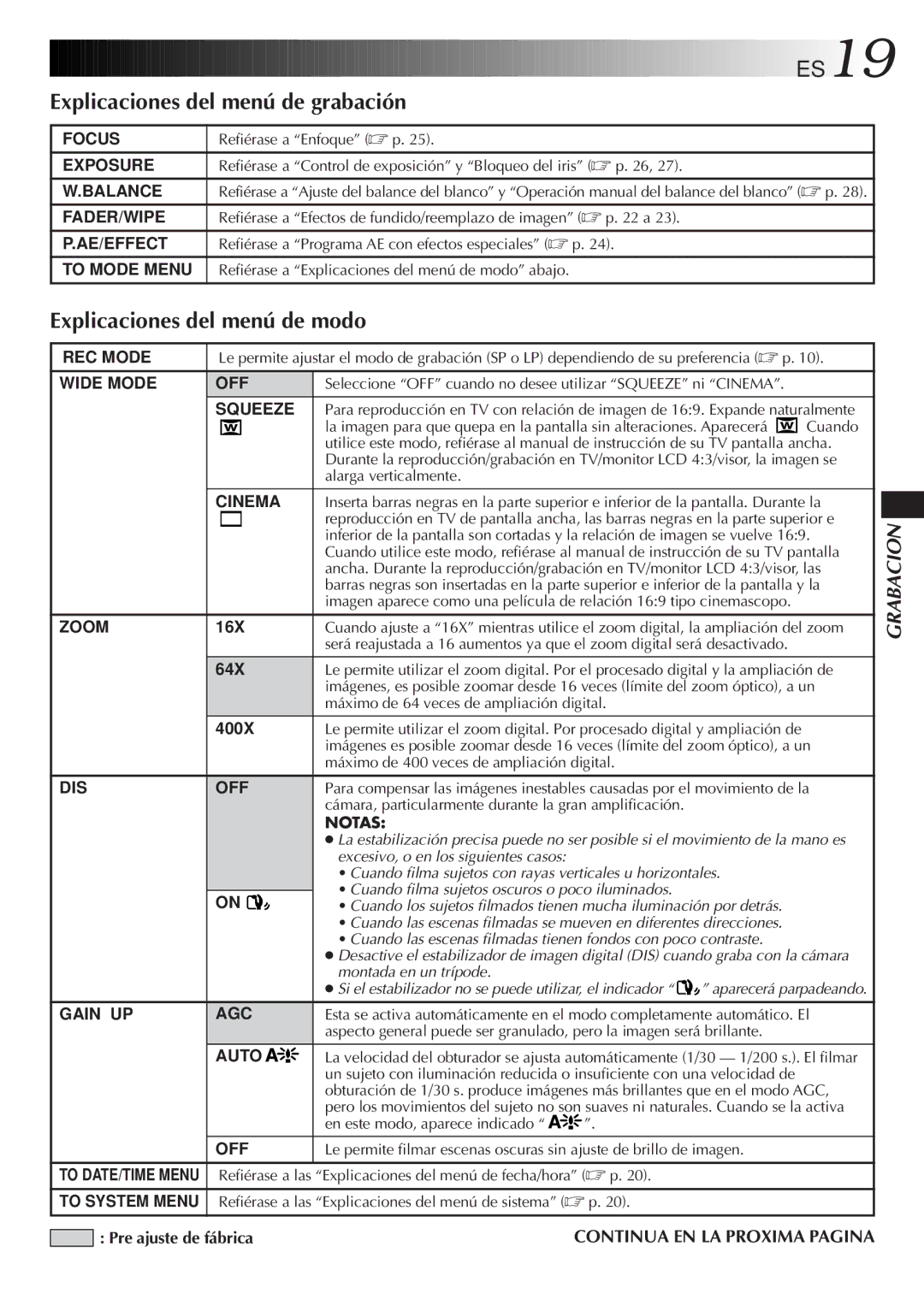 JVC GR-DVF31 manual Explicaciones del menú de grabación, Explicaciones del menú de modo 