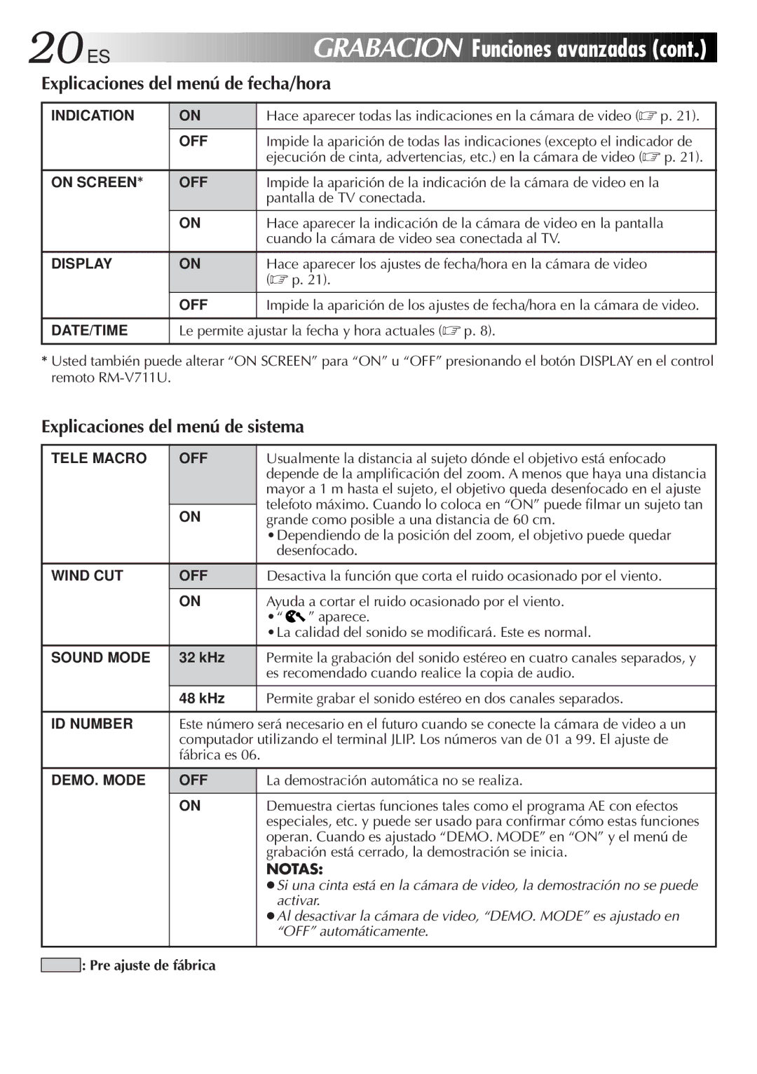 JVC GR-DVF31 manual Explicaciones del menú de fecha/hora, Explicaciones del menú de sistema 