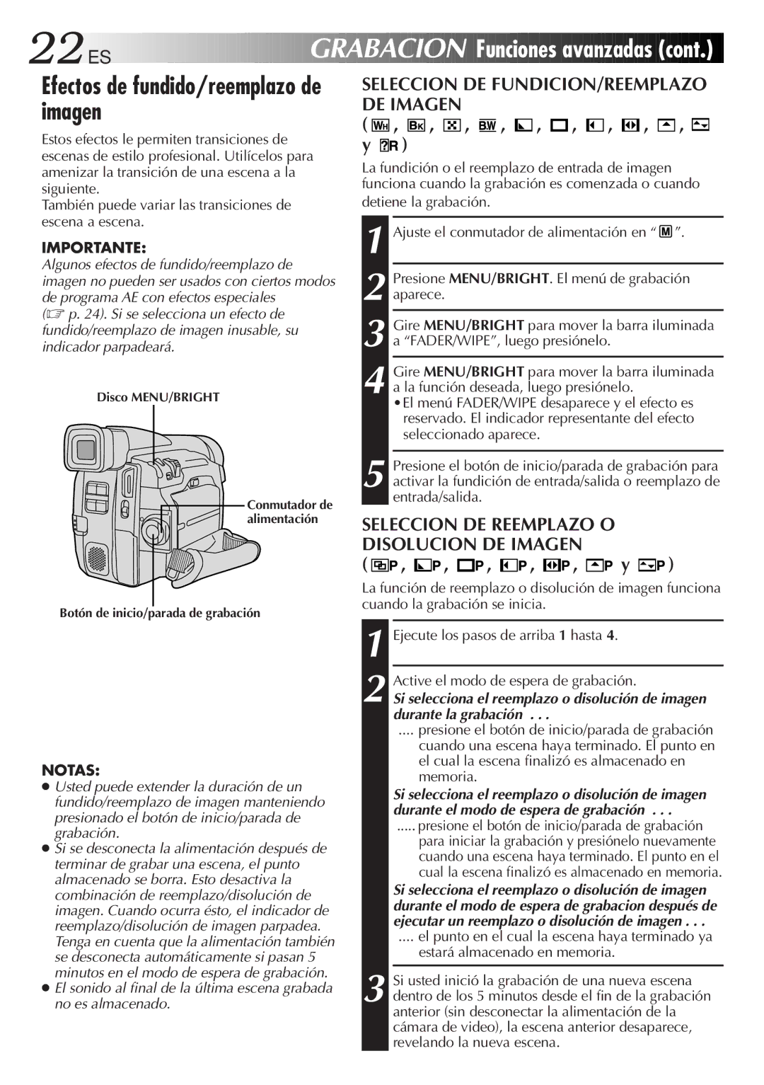 JVC GR-DVF31 manual 22 ES, Efectos de fundido/reemplazo de imagen, Seleccion DE FUNDICION/REEMPLAZO, DE Imagen 