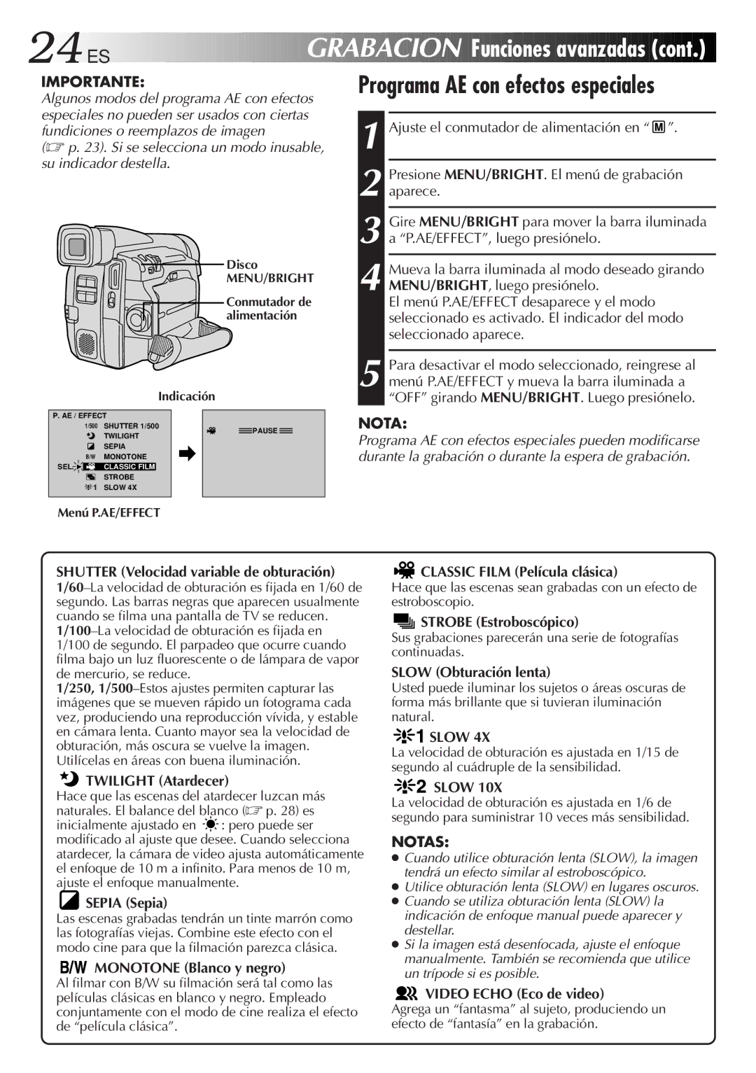 JVC GR-DVF31 manual 24 ES, Programa AE con efectos especiales, Slow 