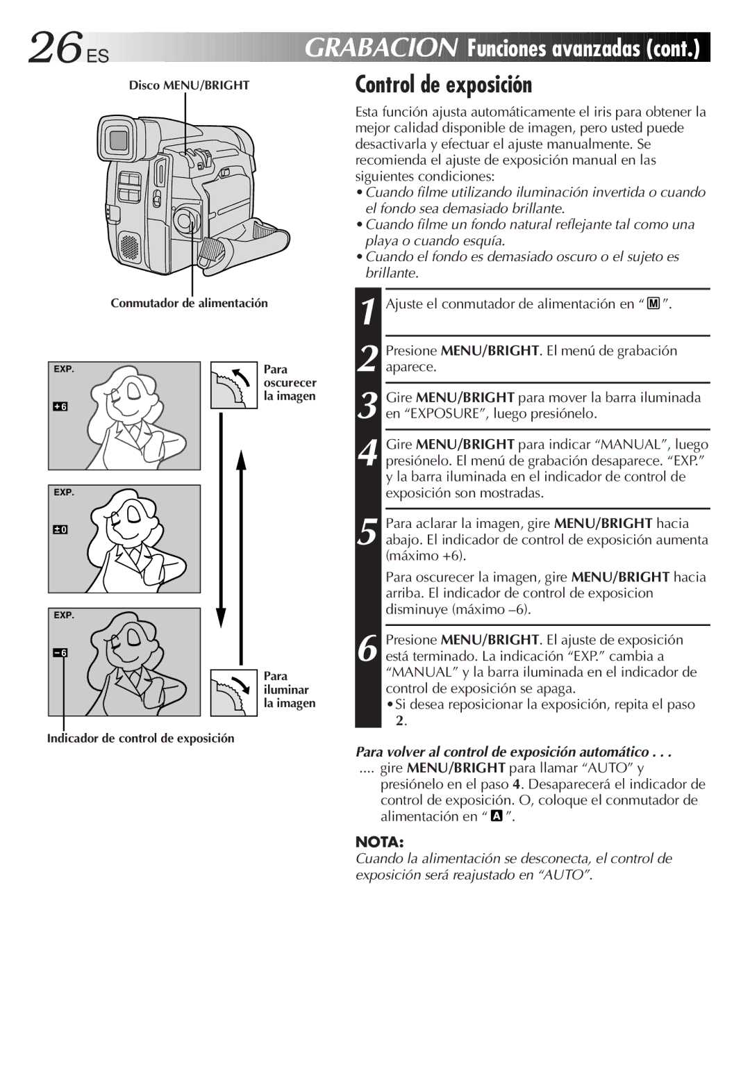 JVC GR-DVF31 manual 26 ES, Control de exposición, Para volver al control de exposición automático 