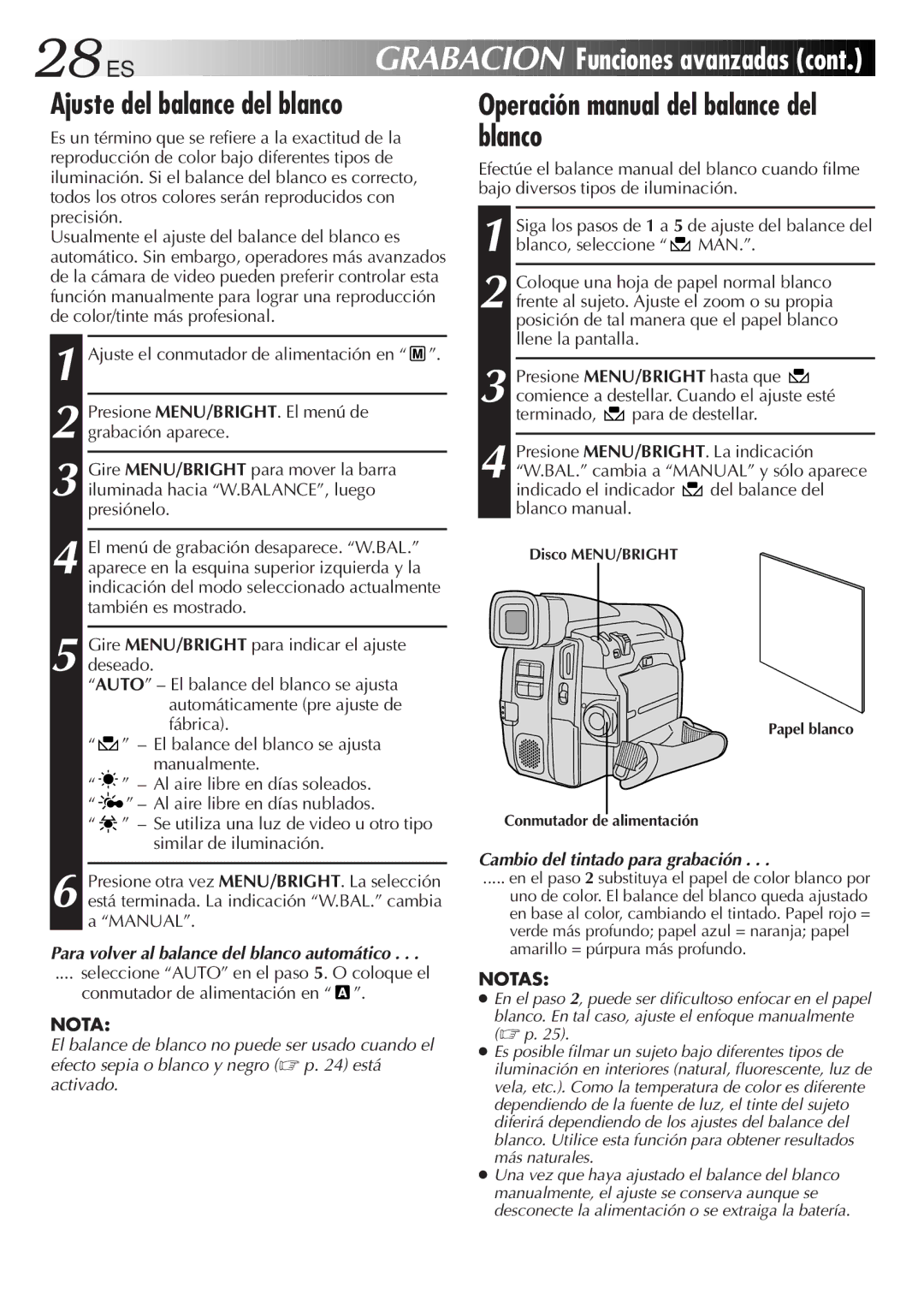 JVC GR-DVF31 28 ES, Ajuste del balance del blanco, Operación manual del balance del blanco 