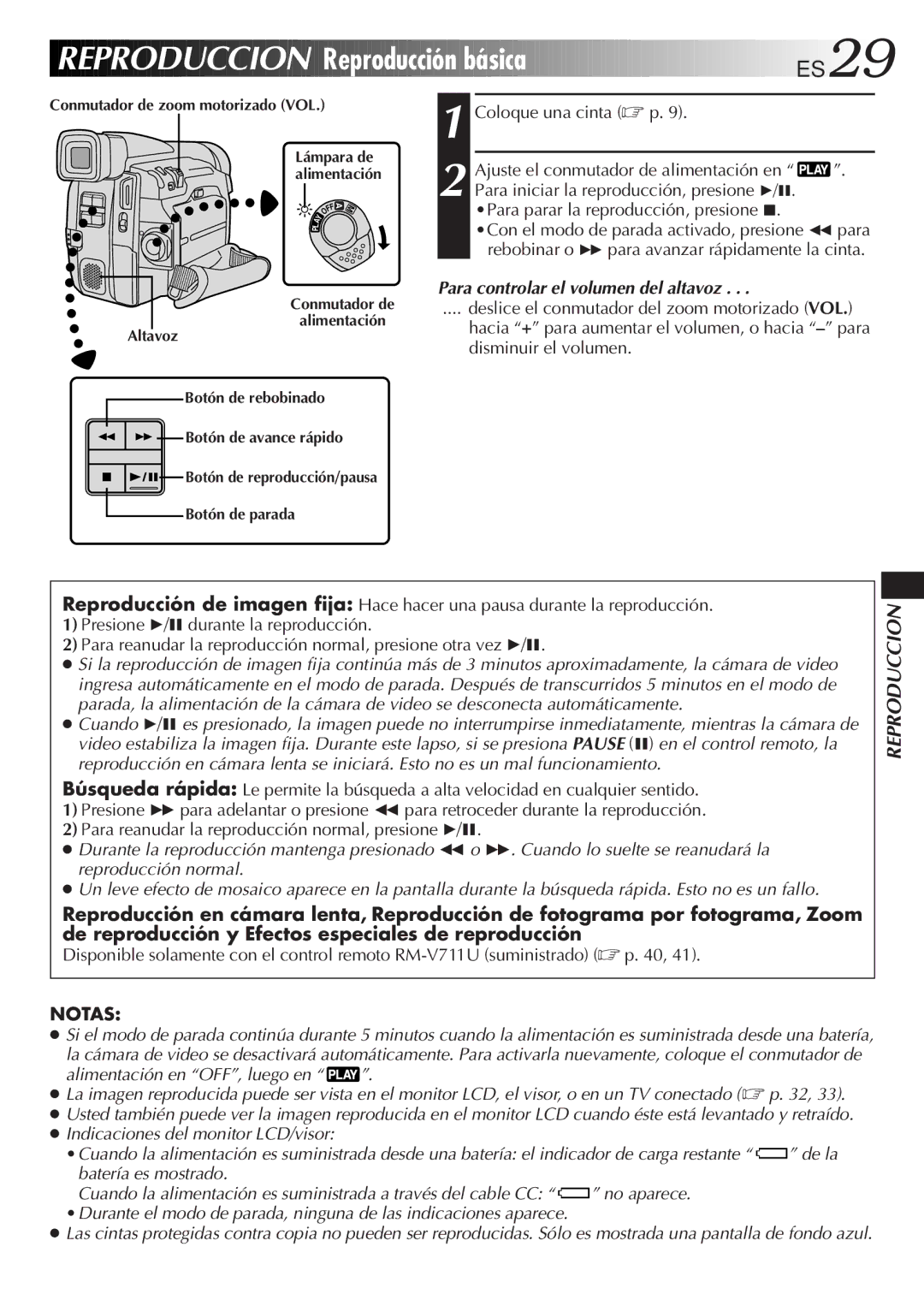 JVC GR-DVF31 manual Reproduccion Reproducción básica, ES29, Para controlar el volumen del altavoz 