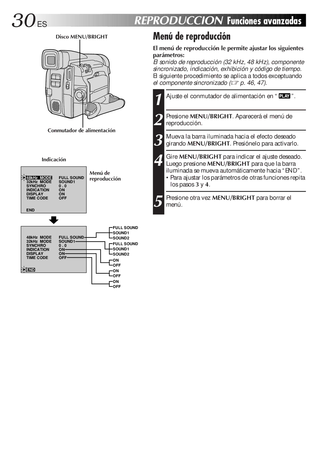 JVC GR-DVF31 manual 30 ES, Reproduccion Funciones avanzadas Menú de reproducción 