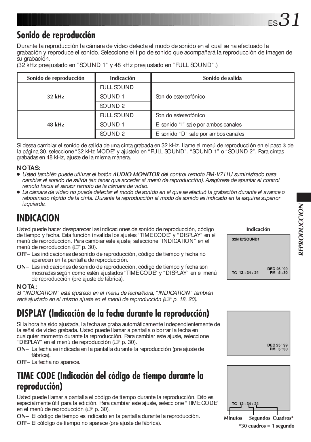 JVC GR-DVF31 manual Sonido de reproducción, ES31, Display Indicación de la fecha durante la reproducción 