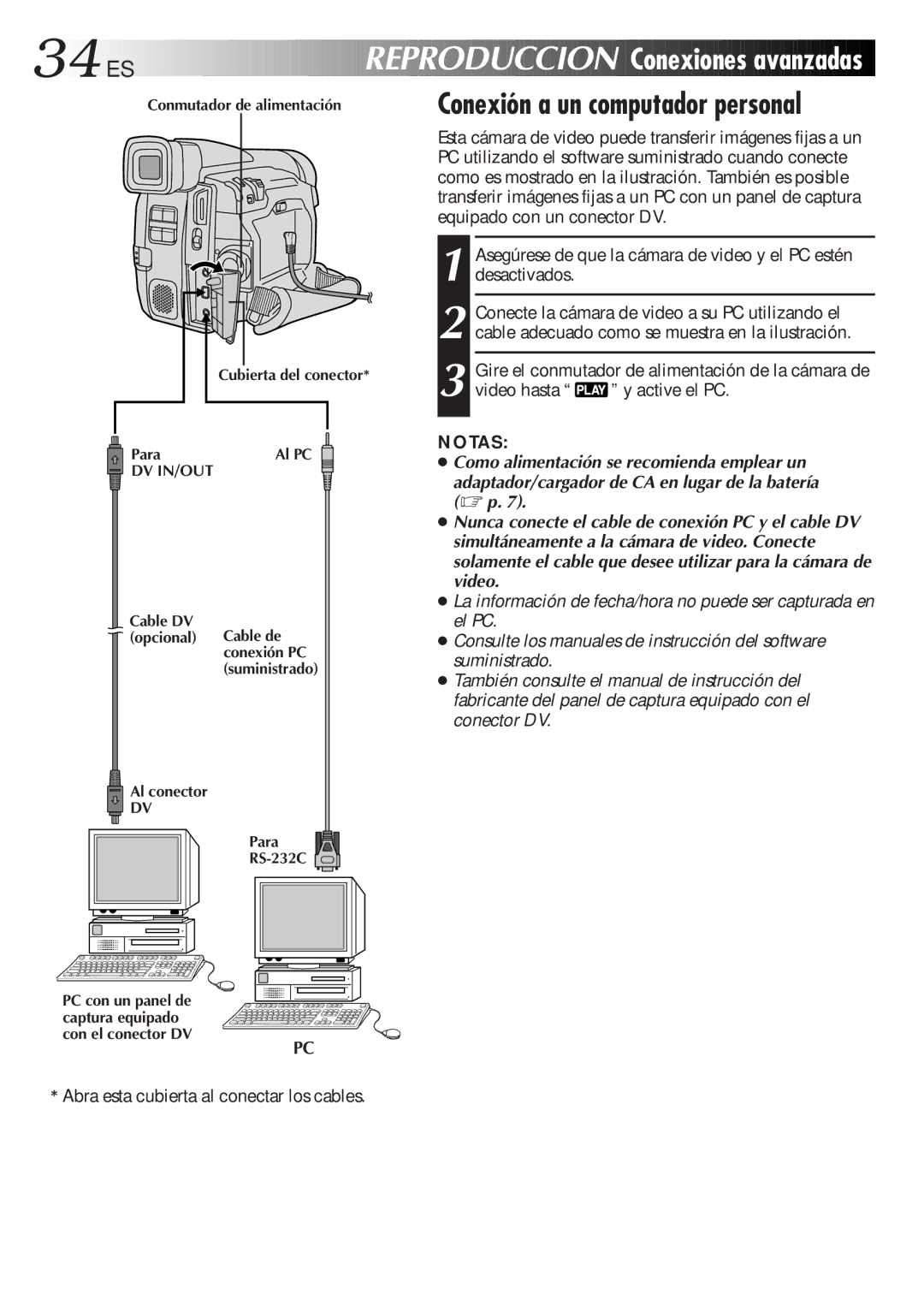 JVC GR-DVF31 manual 34 ES, Reproduccion Conexiones avanzadas, Conexión a un computador personal 