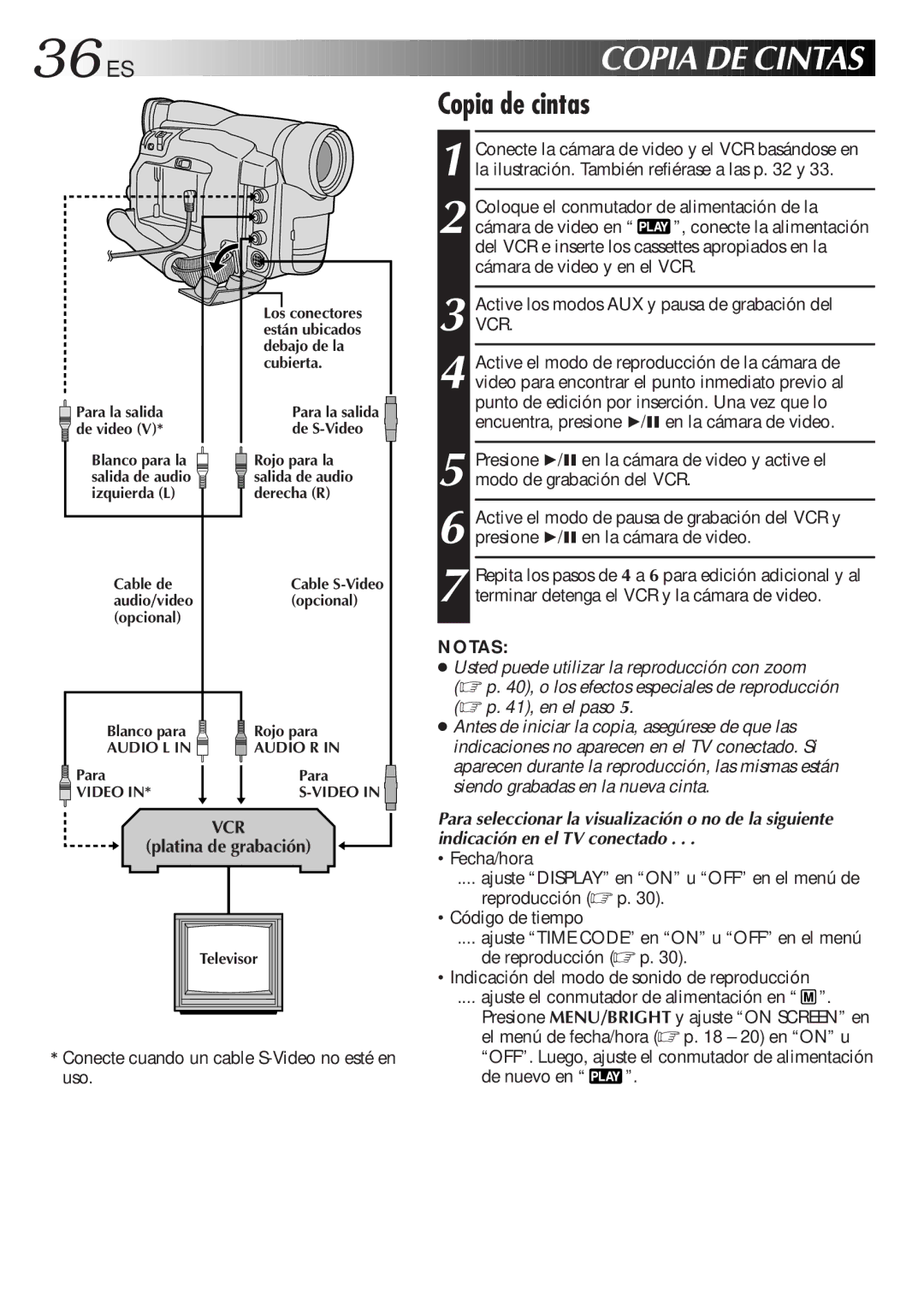 JVC GR-DVF31 manual 36 ES, Copia de cintas, Vcr, Platina de grabación 