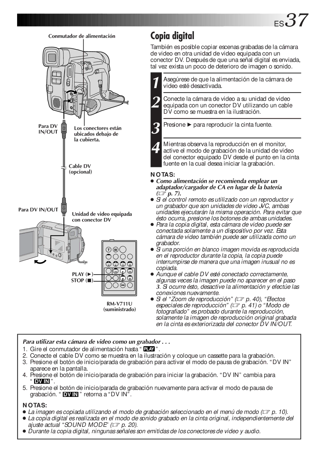 JVC GR-DVF31 manual ES37, Copia digital, Para utilizar esta cámara de video como un grabador 