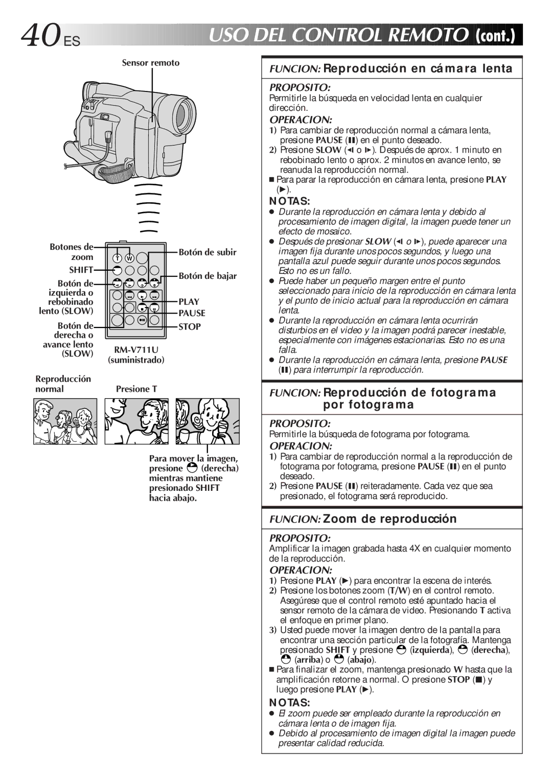 JVC GR-DVF31 manual 40 ES, Funcion Reproducción en cámara lenta, Funcion Reproducción de fotograma por fotograma 