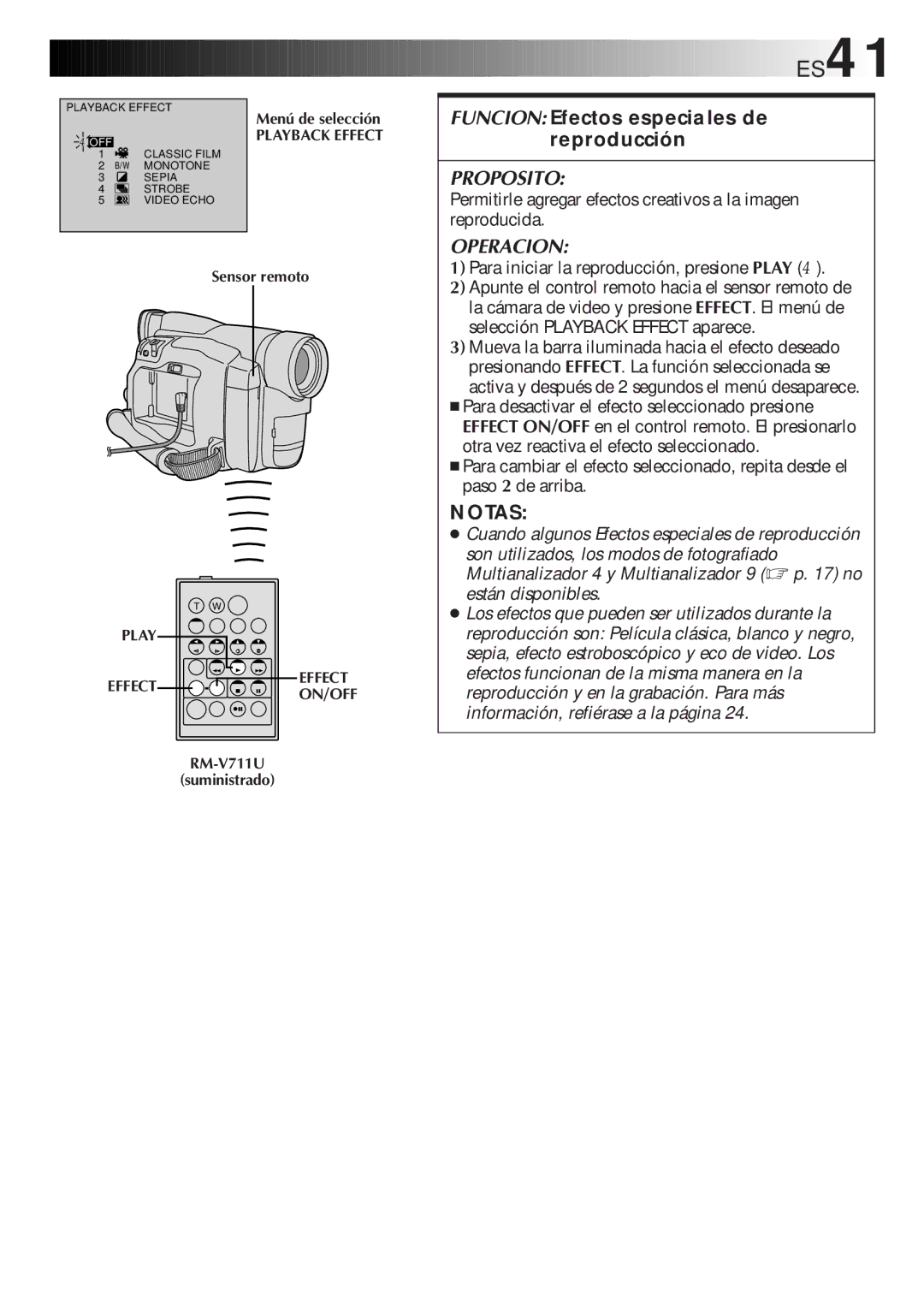 JVC GR-DVF31 manual ES41, Funcion Efectos especiales de reproducción 