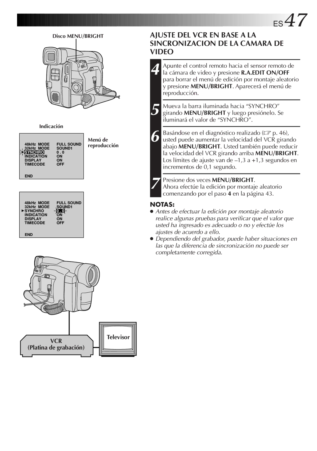 JVC GR-DVF31 manual ES47, Presione dos veces MENU/BRIGHT 