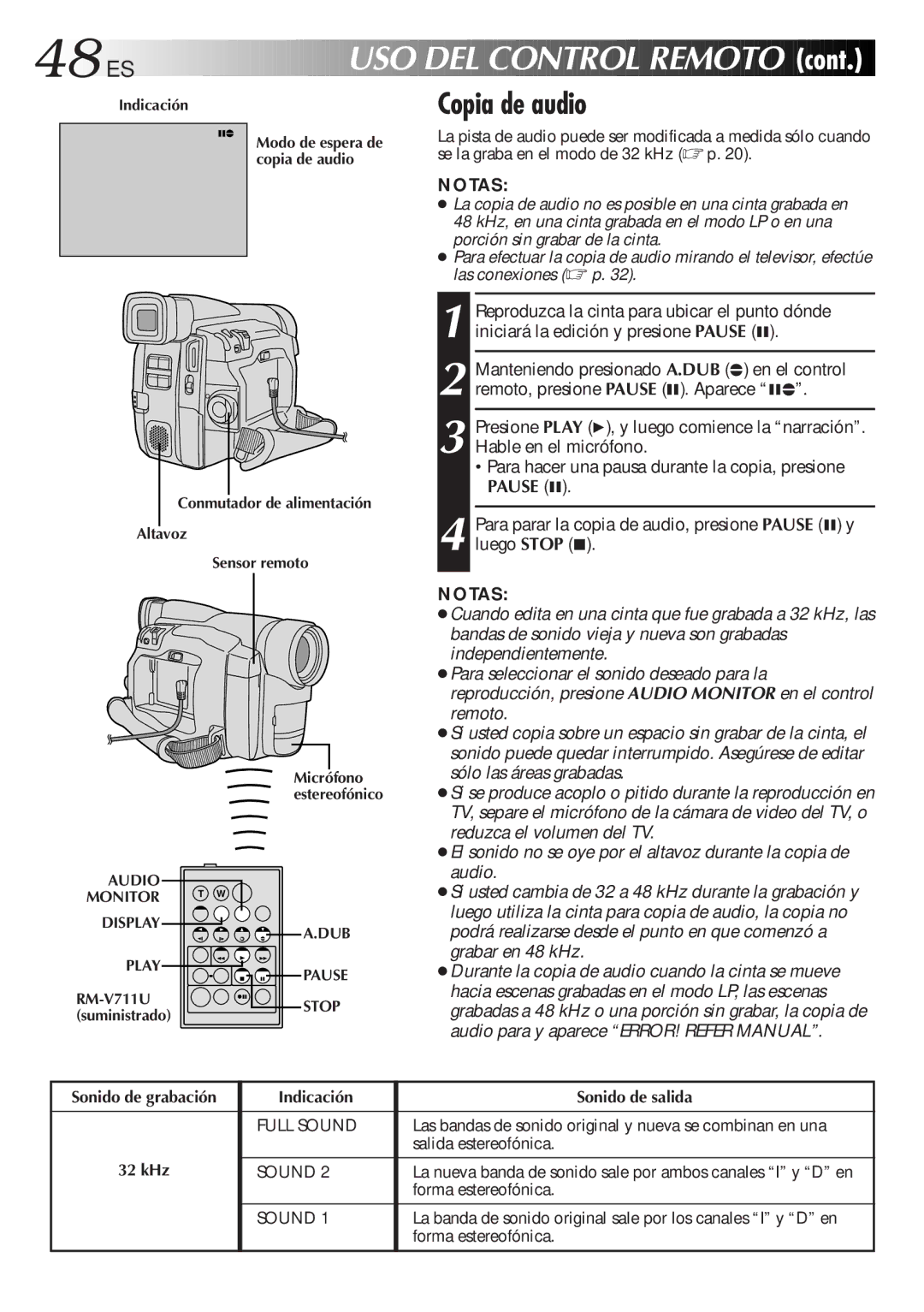 JVC GR-DVF31 manual 48 ES, Copia de audio 